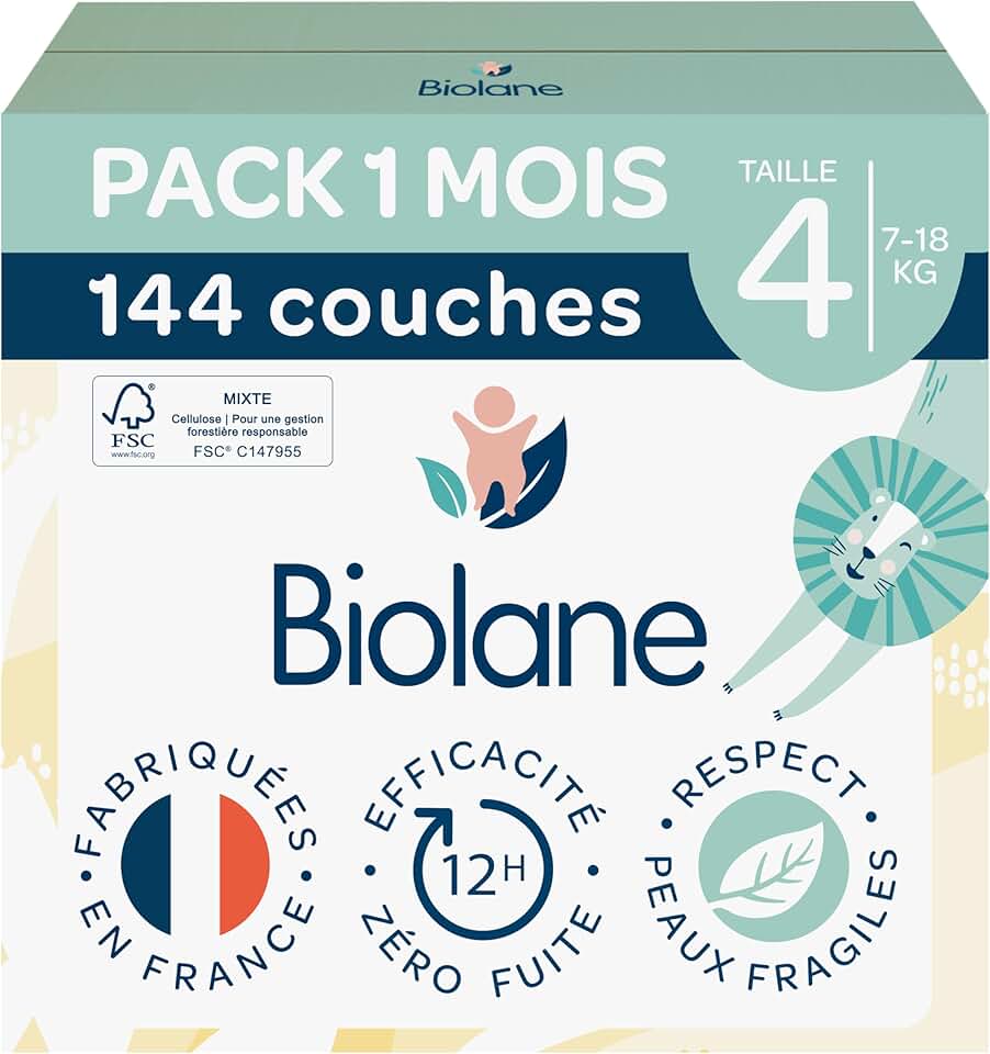 Biolane - couches bébé taille 4 - ultra-absorbant, 12h protection, pack 144
