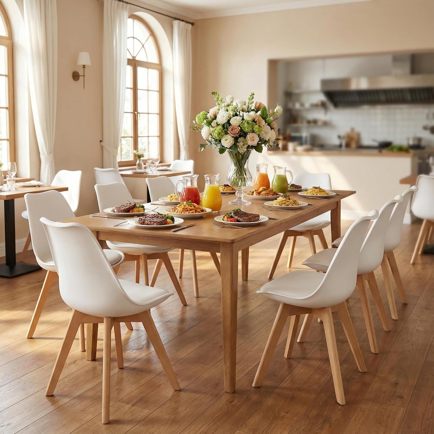 CangLong - ensemble 4 chaises rétro - bois hêtre - blanc, sièges capitonnés