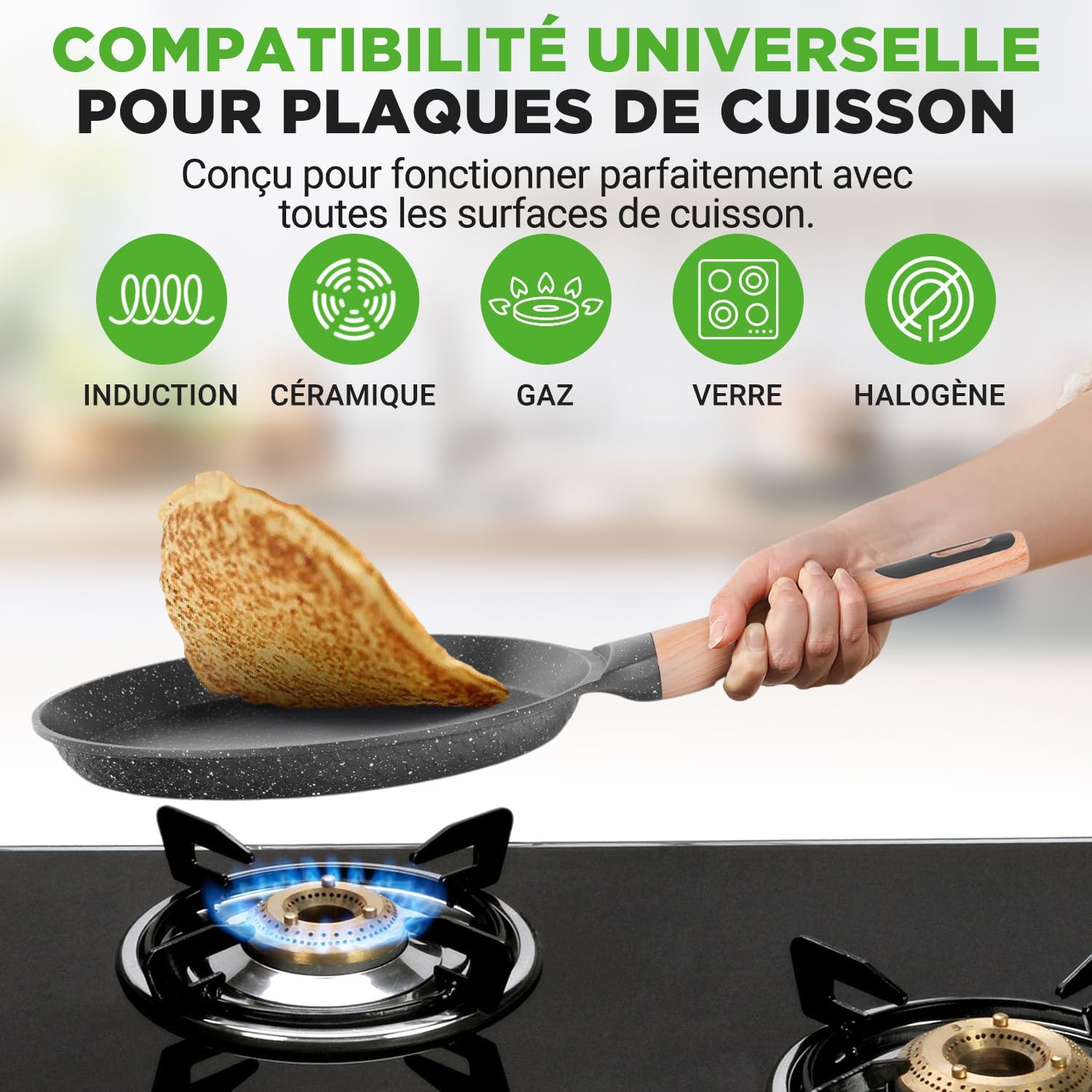 Nutrichef - Poêle à crêpes marbre 24 cm - induction, répartiteur bois, sans PFOA, lave-vaisselle