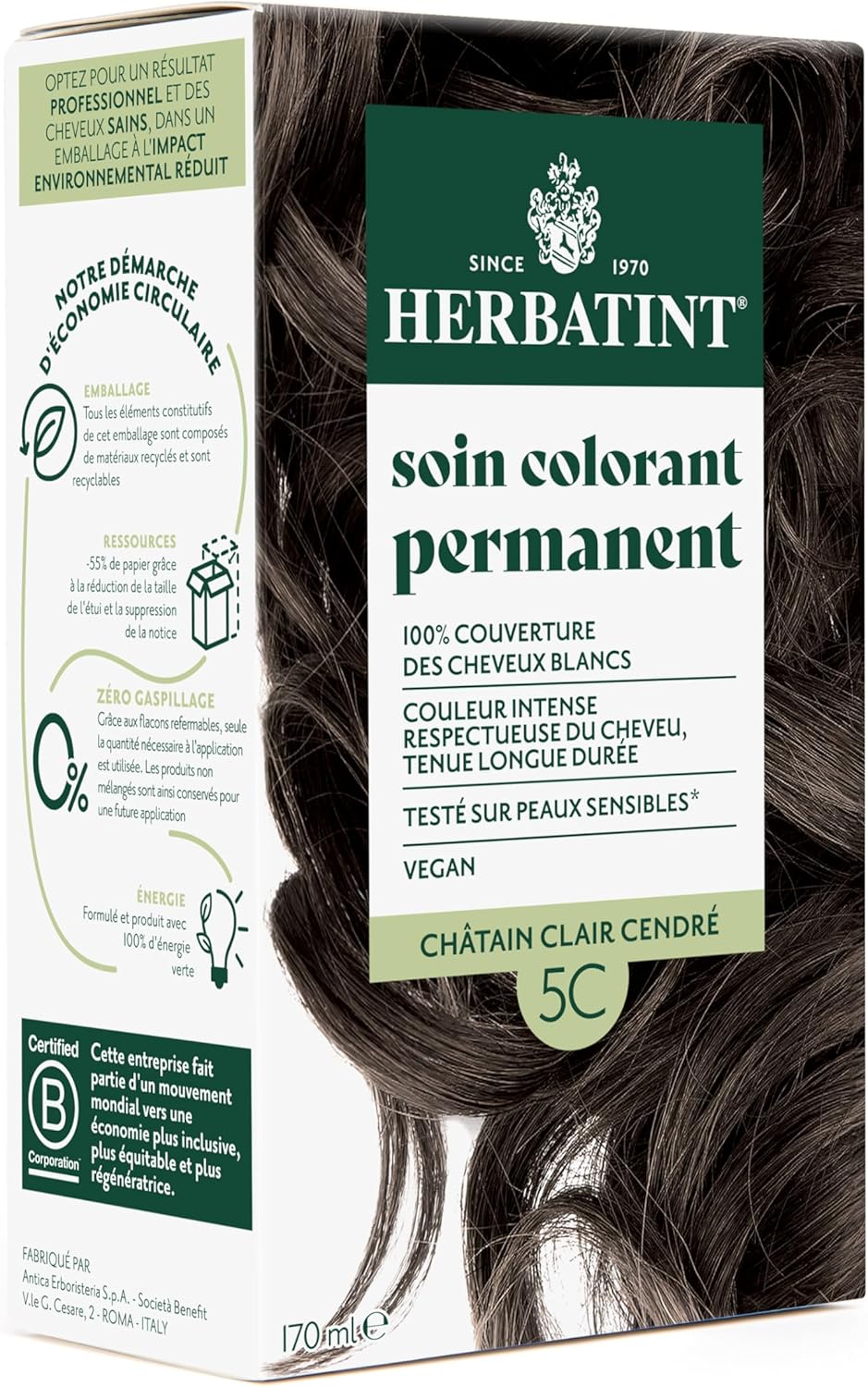 Herbatint - soin colorant permanent - 170ml - sans ammoniaque, 8 extraits bio, couverture 100% cheveux blancs, 5C
