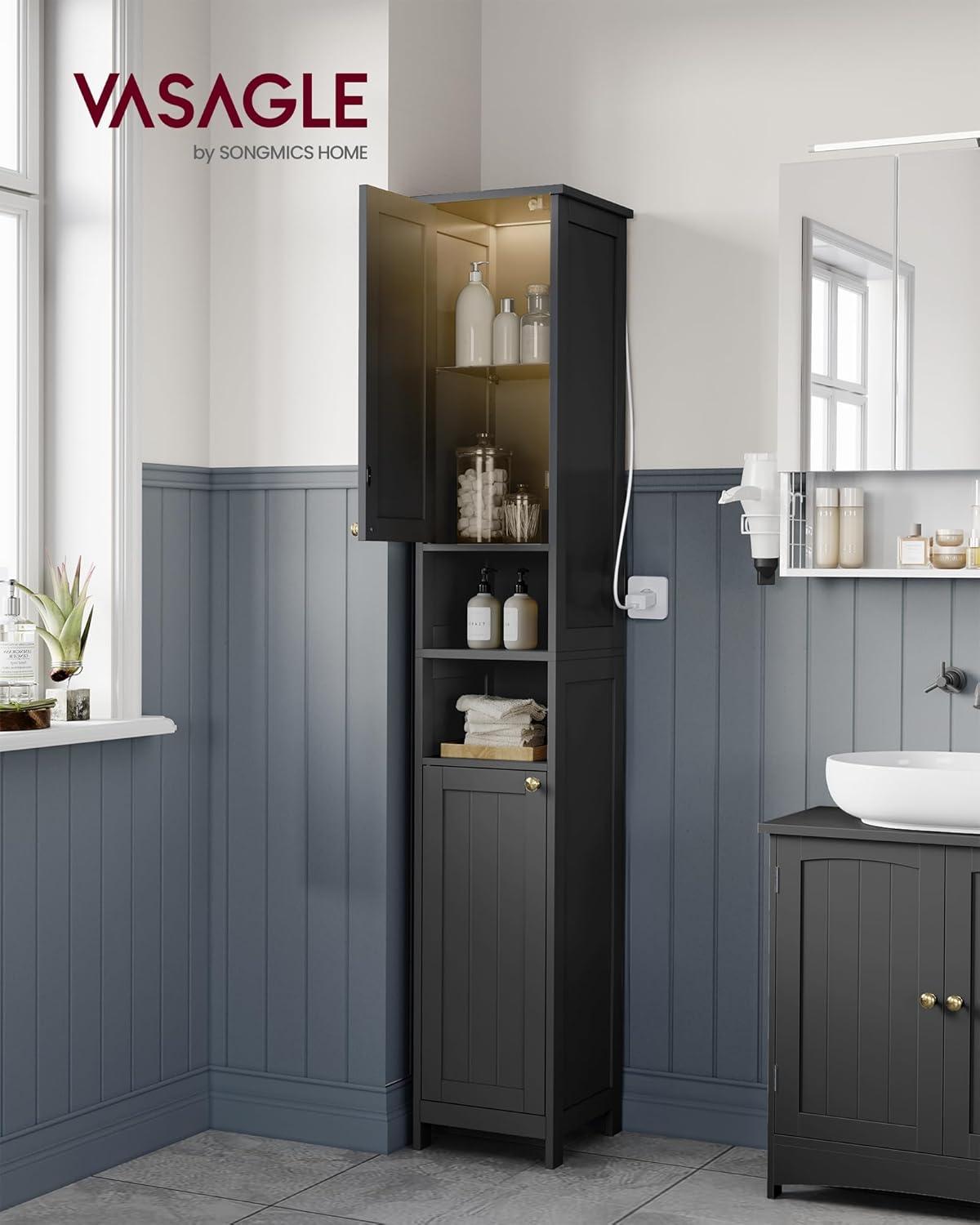 VASAGLE - armoire salle de bain haute, 30 cm, étagères réglables, éclairage, noire, BBK566BC01