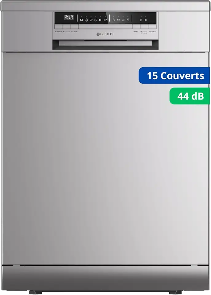 GEDTECH - Lave-vaisselle silver, 44 dB, 15 couverts, tiroir à couverts, GLV1544SL