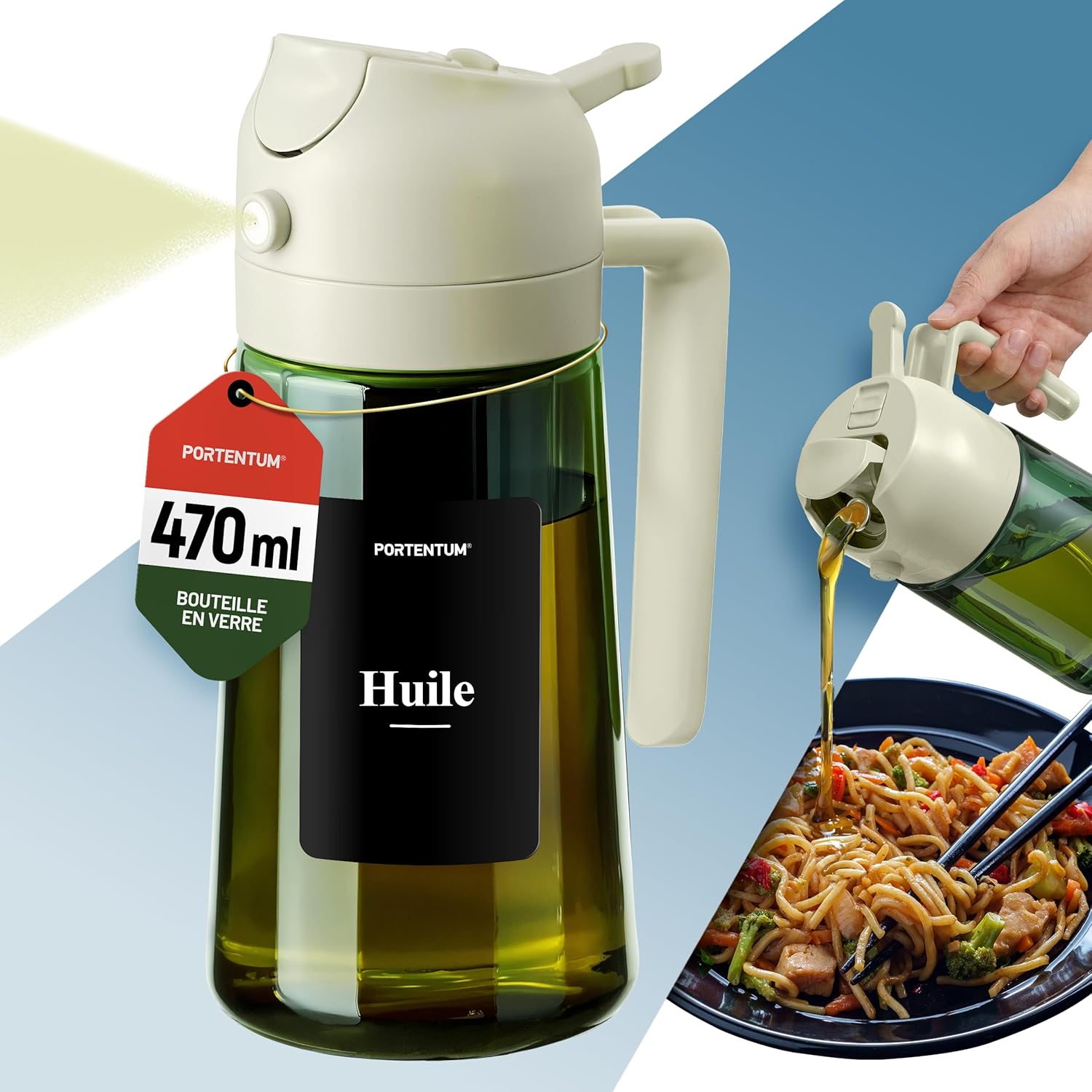 PORTENTUM - spray huile cuisine 2 en 1 - 470ml - verre vert, double usage