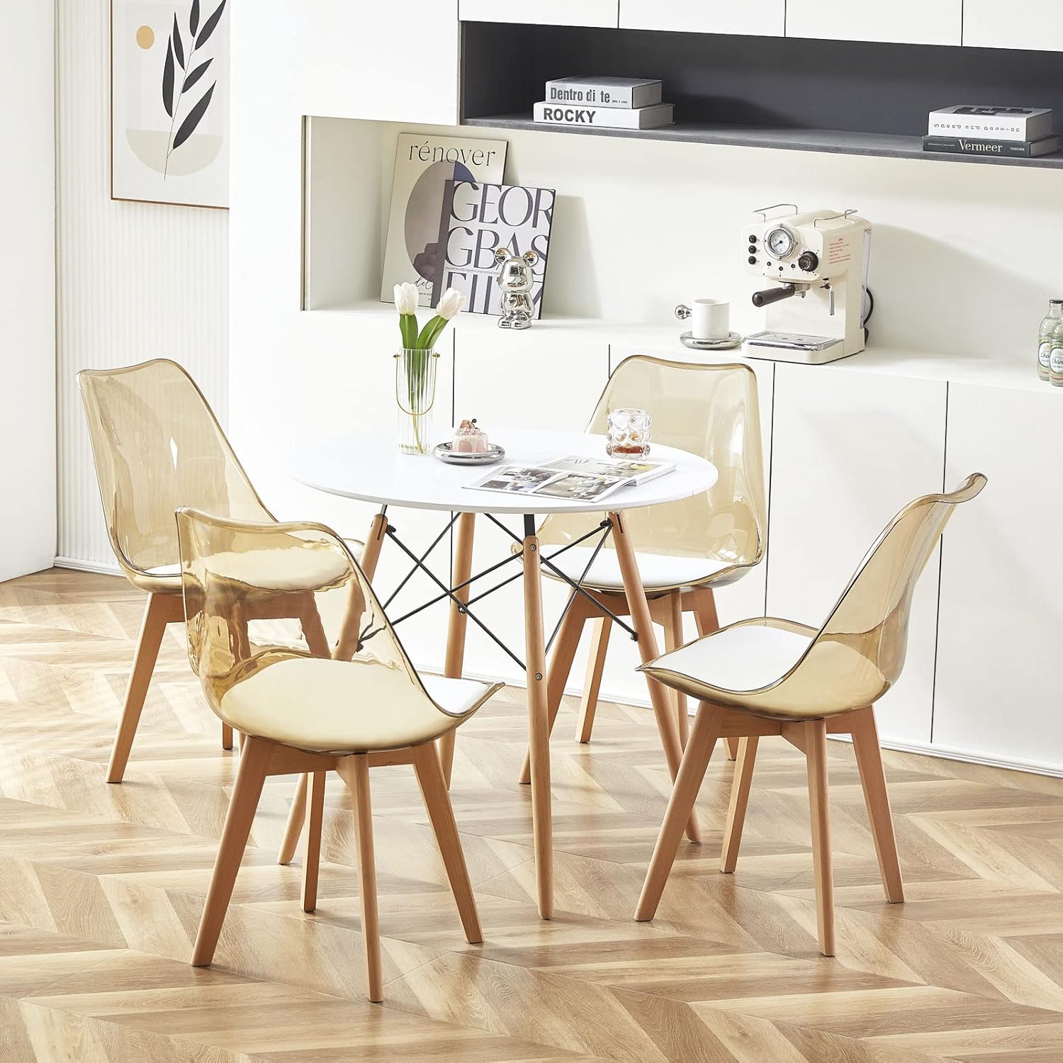 EGGREE - chaises scandinaves 8 pièces - hêtre, cuir blanc, dossier transparent, testées SGS