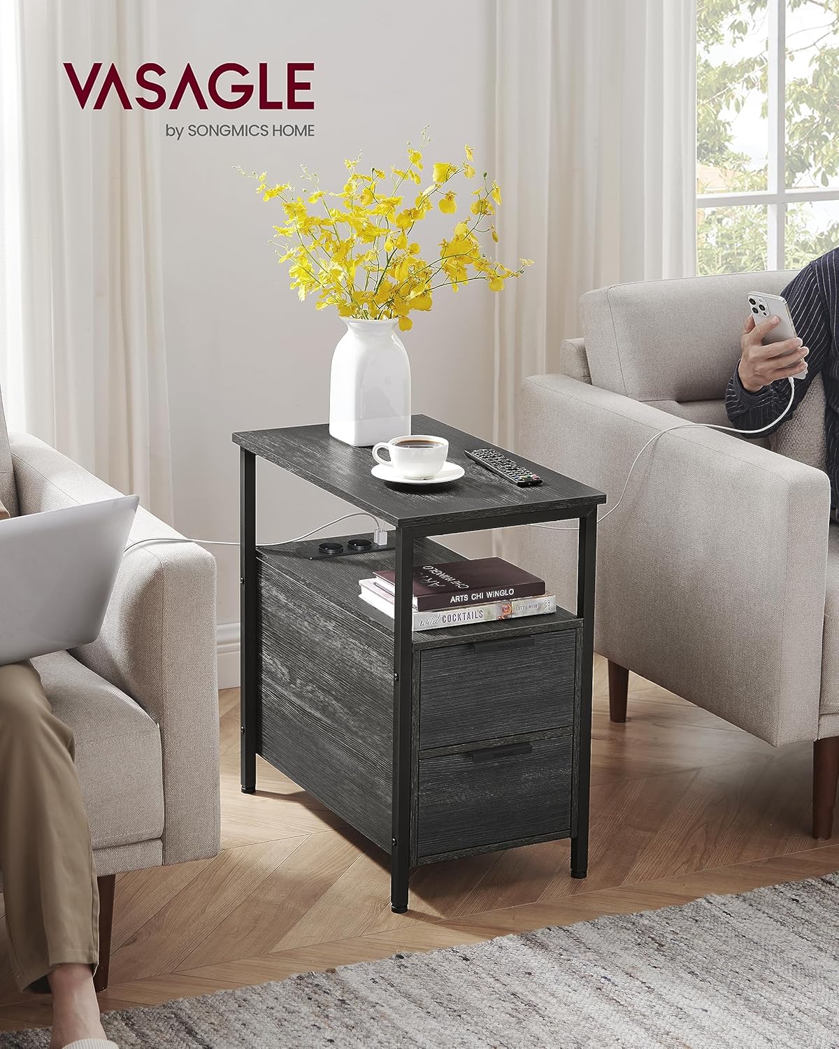 VASAGLE - table d’appoint fine 2 tiroirs, multiprise, gris/noir - LET325B22