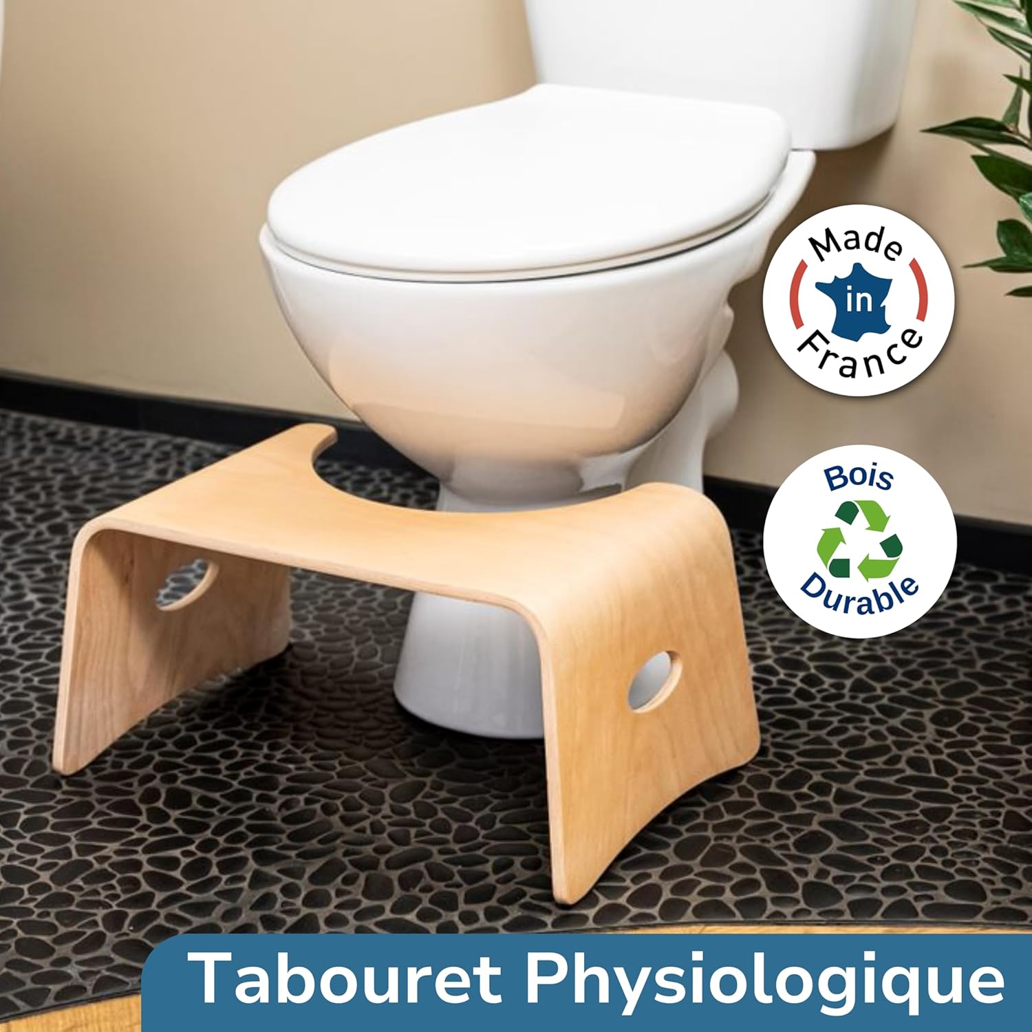 Well Care - Tabouret physiologique bois verni - adulte - compact, anti-constipation, fabriqué France