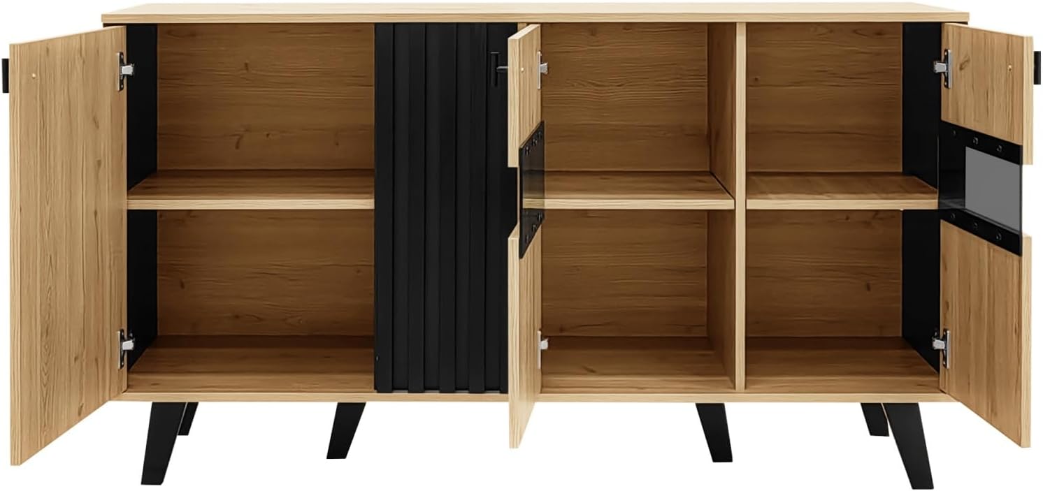 KOMHTOM - buffet bois noir/vitrine LED, 140x78x41 cm, 6 compartiments KOMHTOM