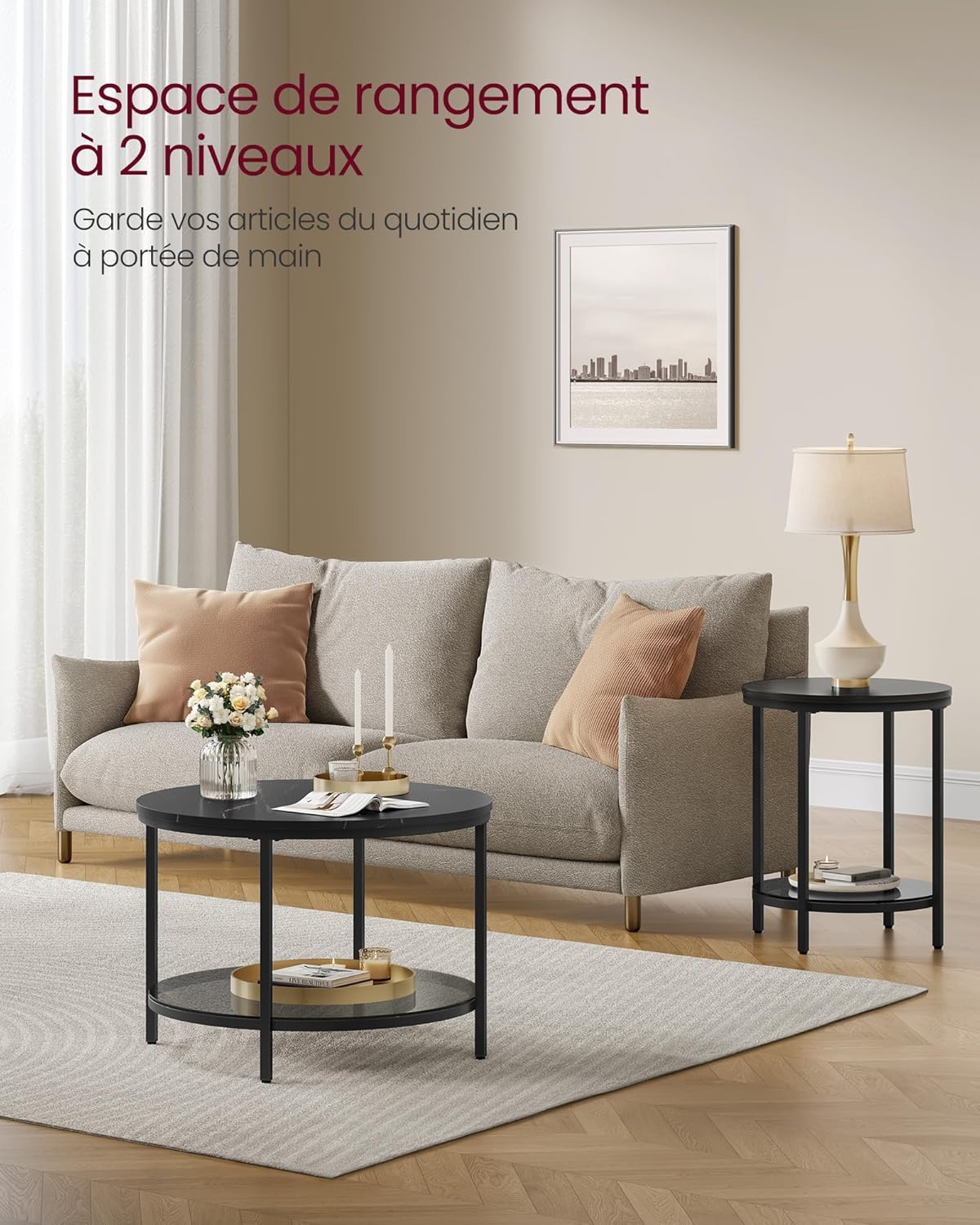 VASAGLE - table basse moderne marbre/verre trempé, facile montage, LCT072B58