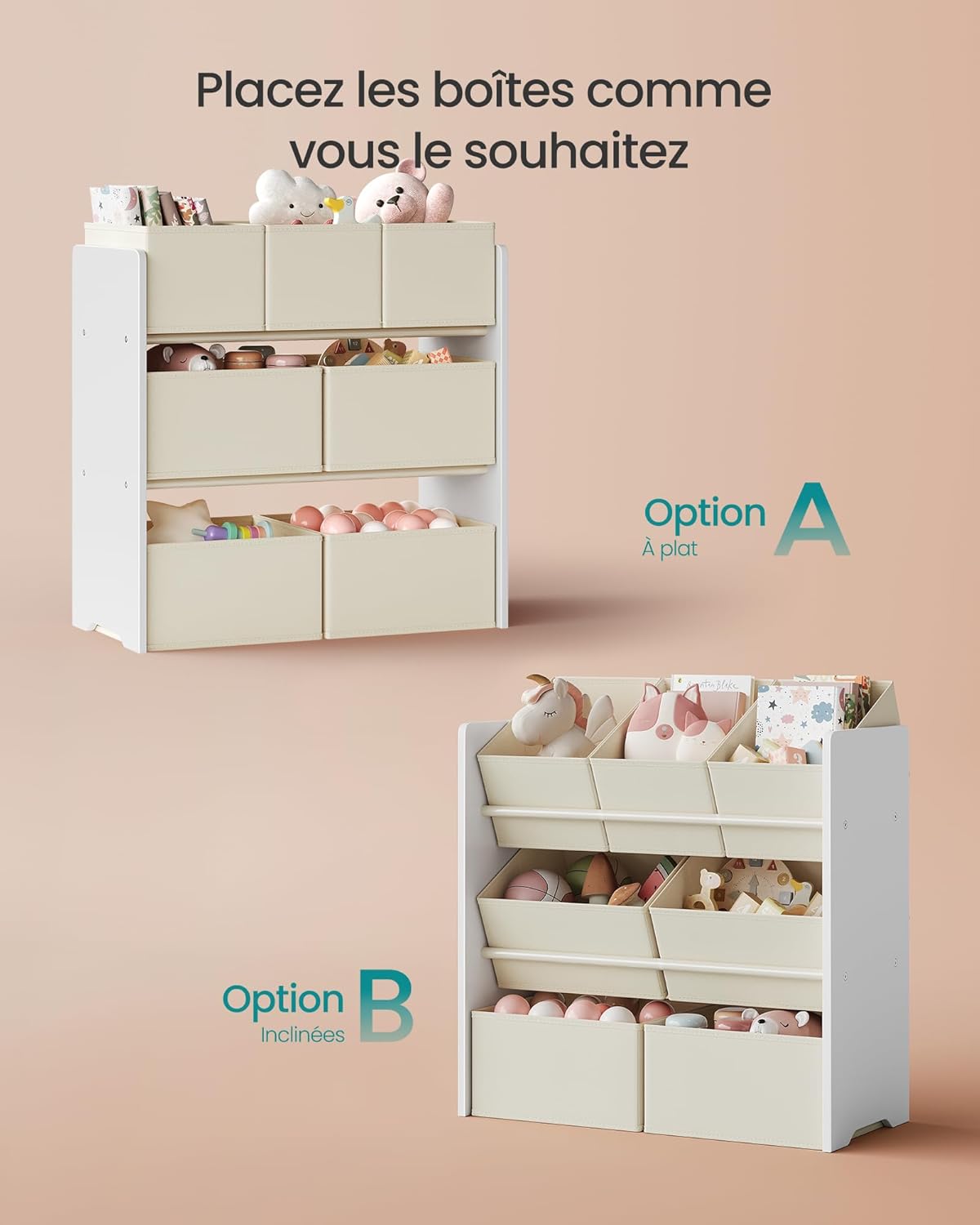 SONGMICS - étagère à jouets enfants, 29,5x62,5x60 cm, 7 bacs tissu, blanc nuage GKR034W10