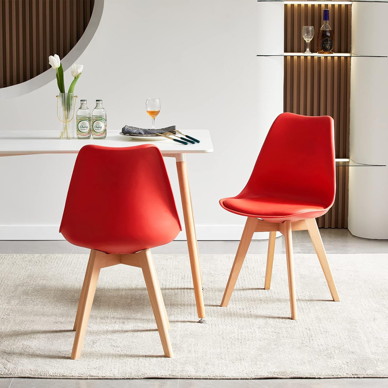 EGGREE - Lot de 4 chaises scandinaves - bois hêtre - assise rouge rembourrée