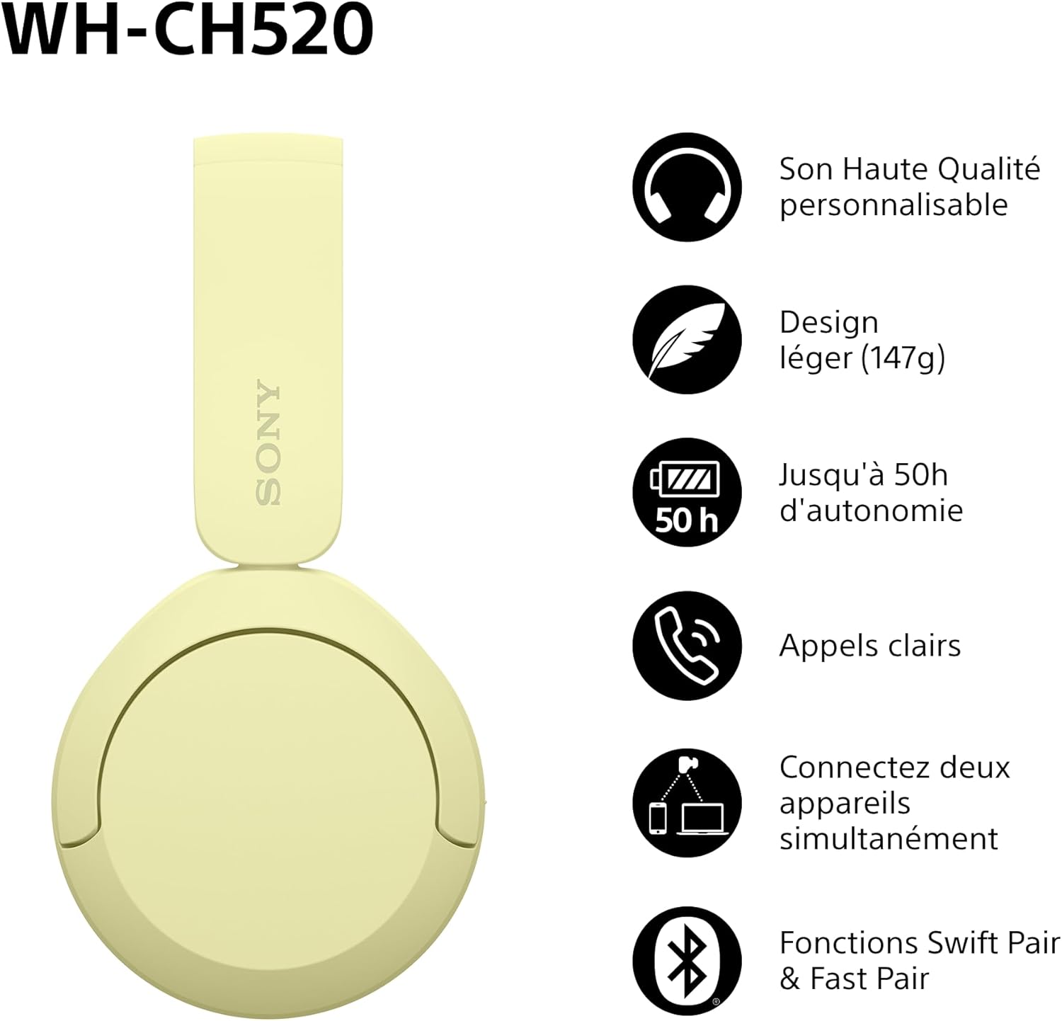 Sony - WH-CH520 série - casque sans fil - Bluetooth, micro, 50h autonomie