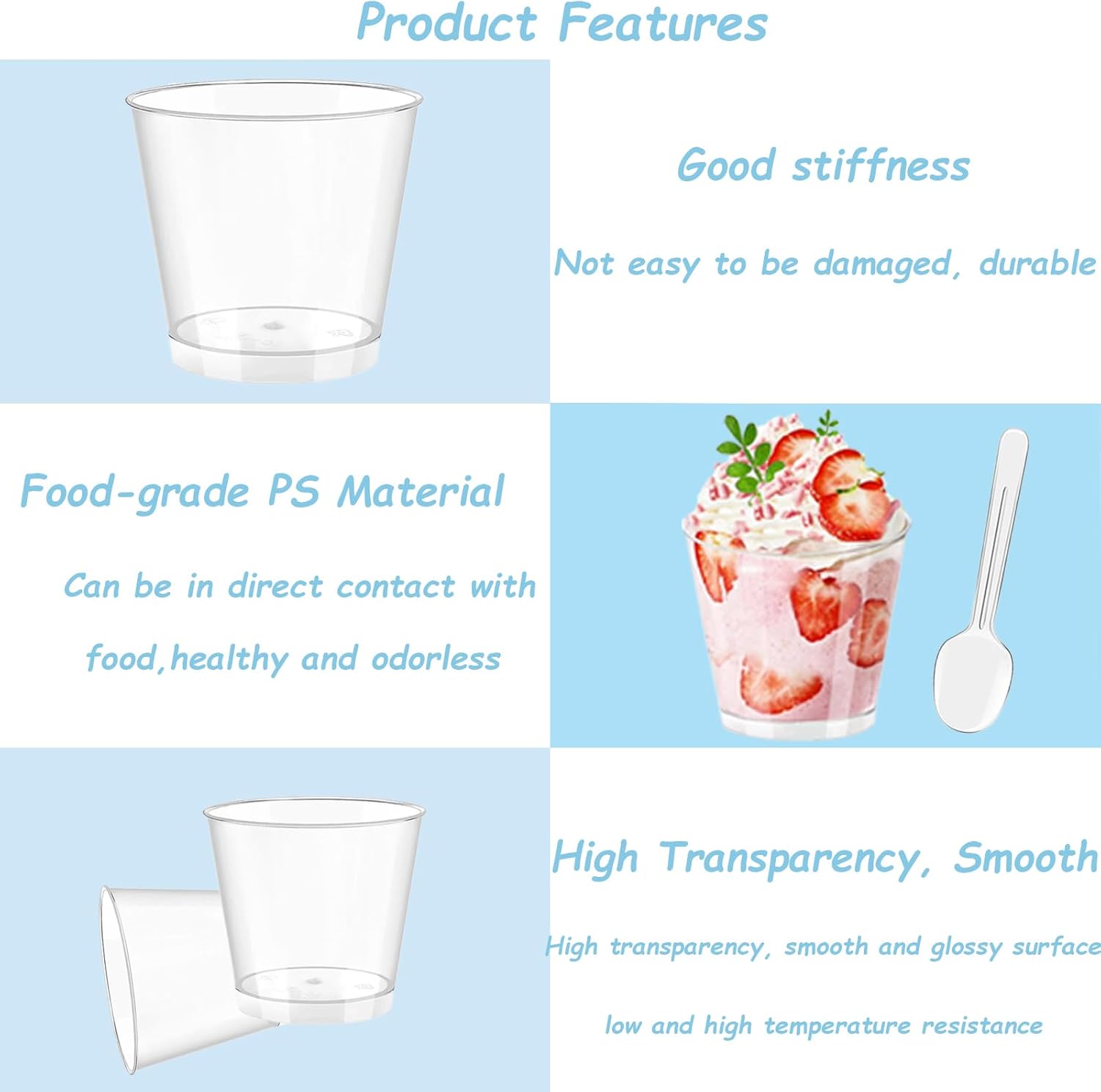 Tasses à dessert - Lot de 50, 200ml, réutilisables avec cuillères