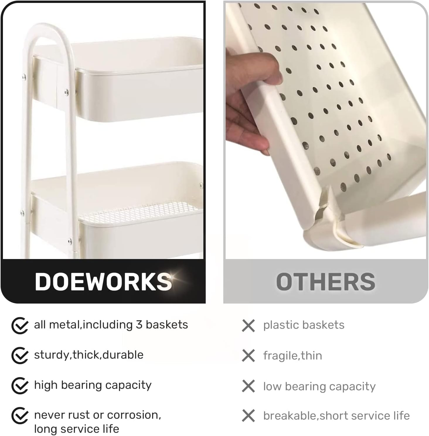 DOEWORKS - chariot rangement 3 niveaux, métal, tiroir, blanc, compact
