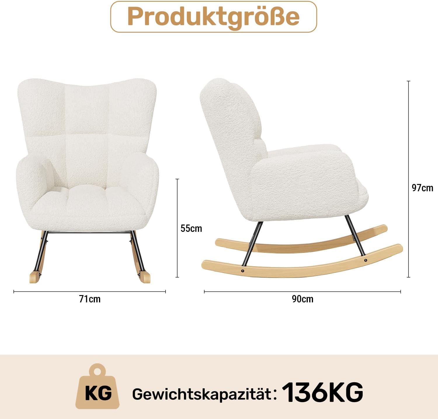 Fauteuil à bascule scandinave - velours, bois, 136kg, blanc, confort