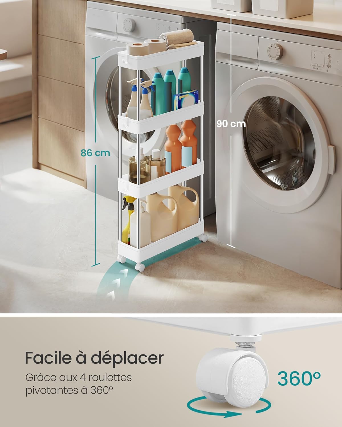 SONGMICS - chariot cuisine 4 niveaux, acier, crochets, 14,4x42x86cm, KSC08WT