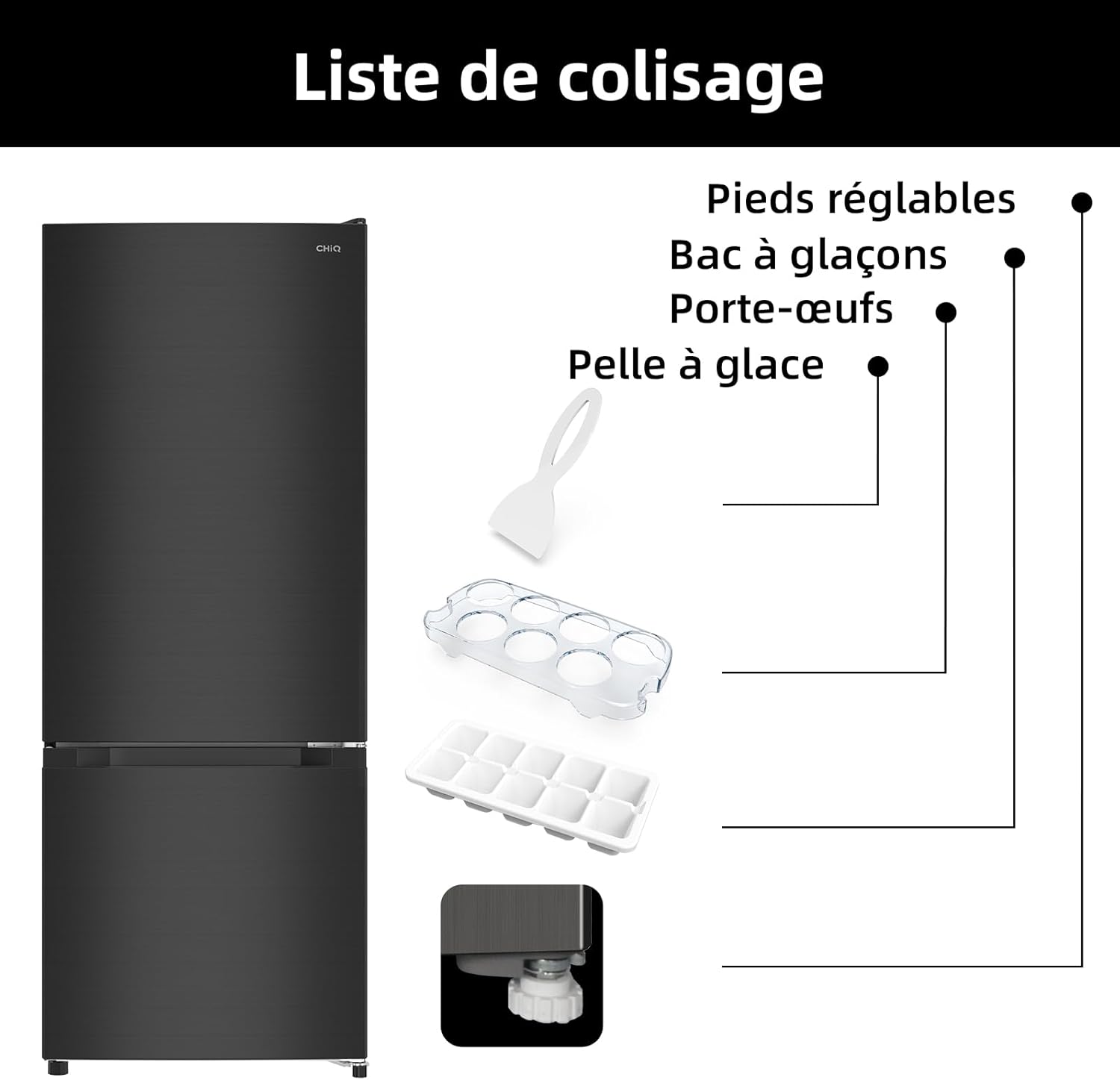 CHIQ - réfrigérateur congélateur 205L, classe E, acier noir, portes réversibles, FBM205L42