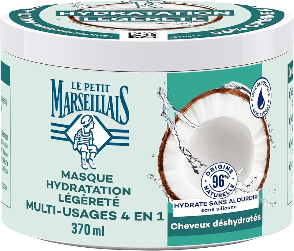 Le Petit Marseillais - Masque 4en1 Eau de Coco Bio 370ml - hydratant cheveux sans silicone 96% naturel