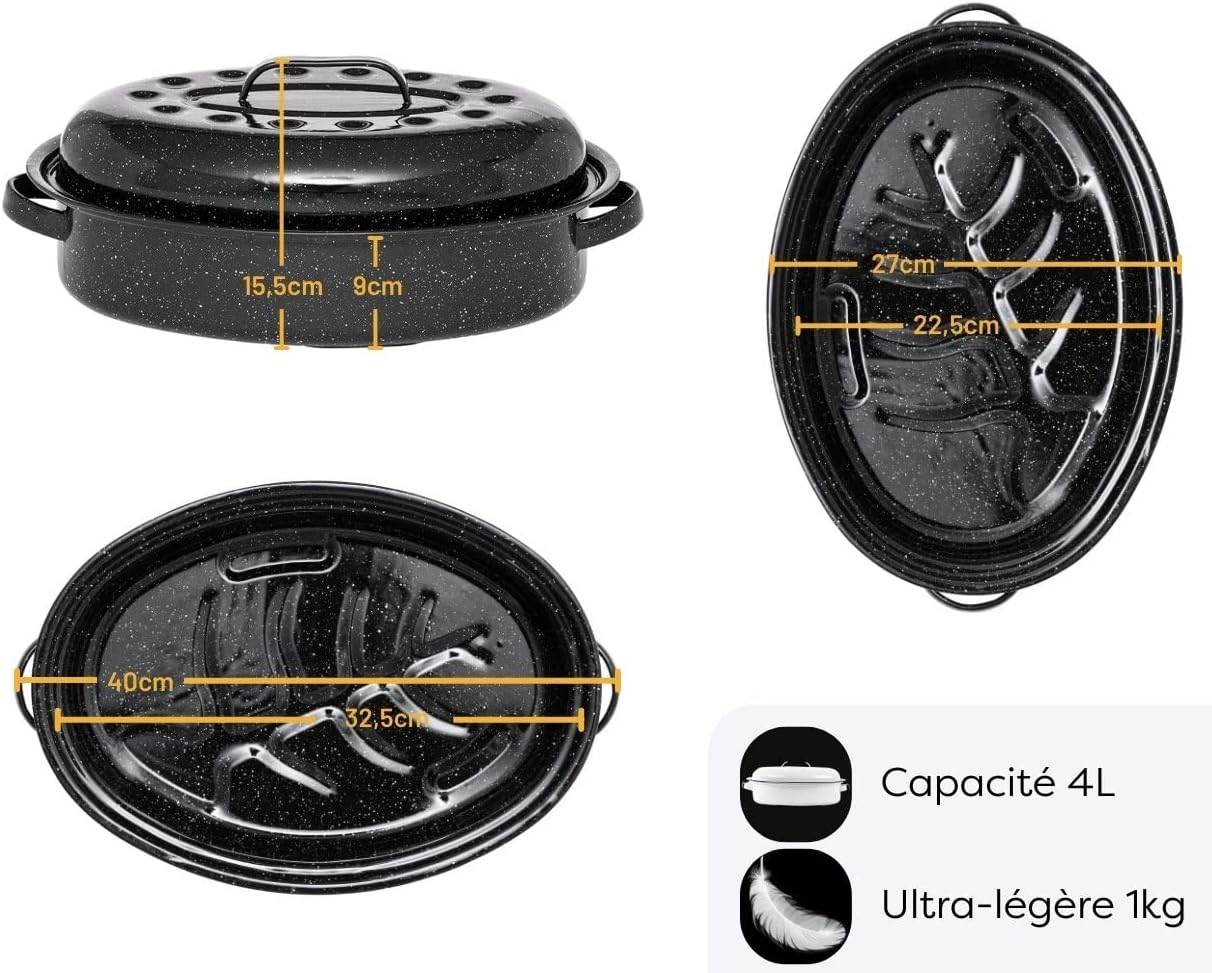 Graniteware - Cocotte Roaster moyen - acier émaillé, grille inox, livre recette