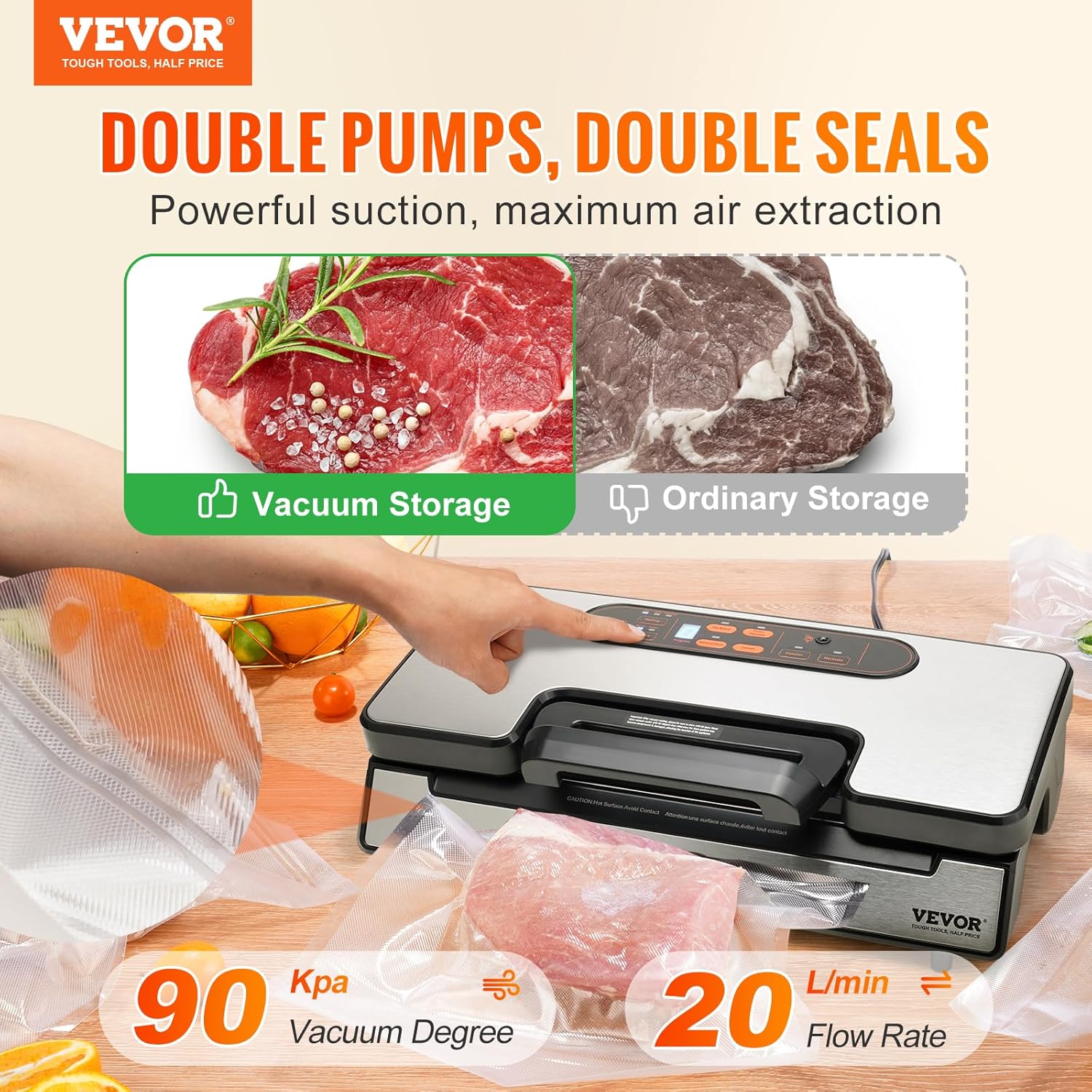 VEVOR - Machine sous vide 130W, 90kPa, coupeur intégré, 2 rouleaux, pour aliments secs et humides
