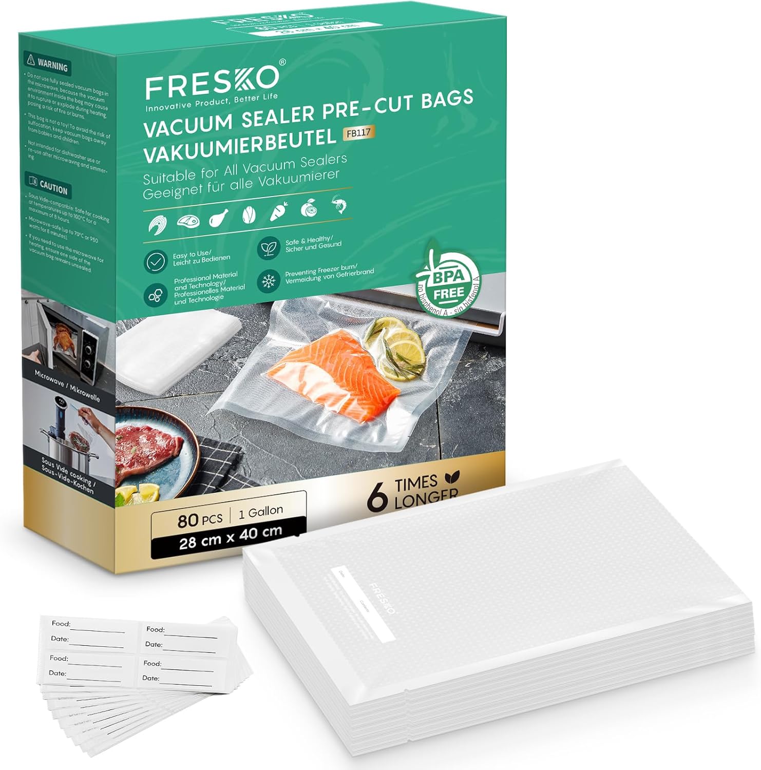 FRESKO - sacs sous vide professionnels - 28x40 cm - aluminium, compatibles toutes machines, sans BPA, pack 80