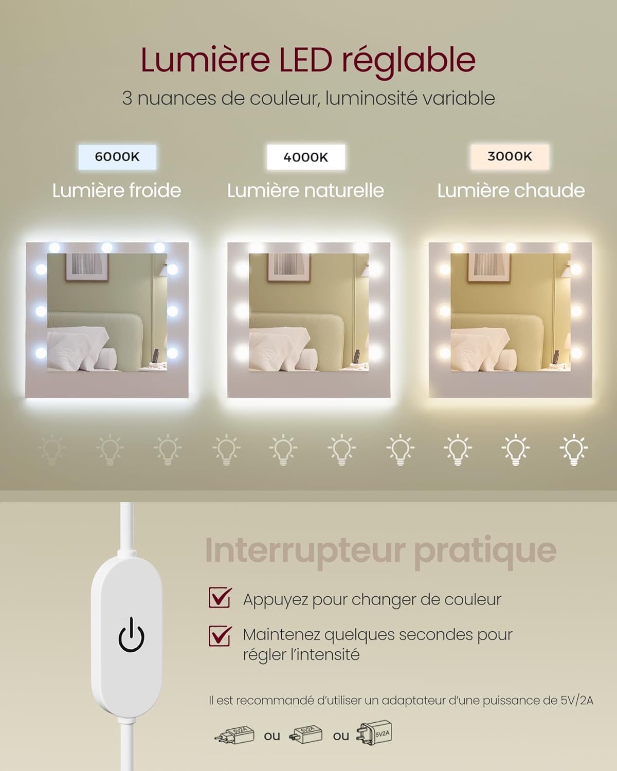 VASAGLE - Kailyn Collection - coiffeuse LED, 9 tiroirs, blanc, RDT141WB02