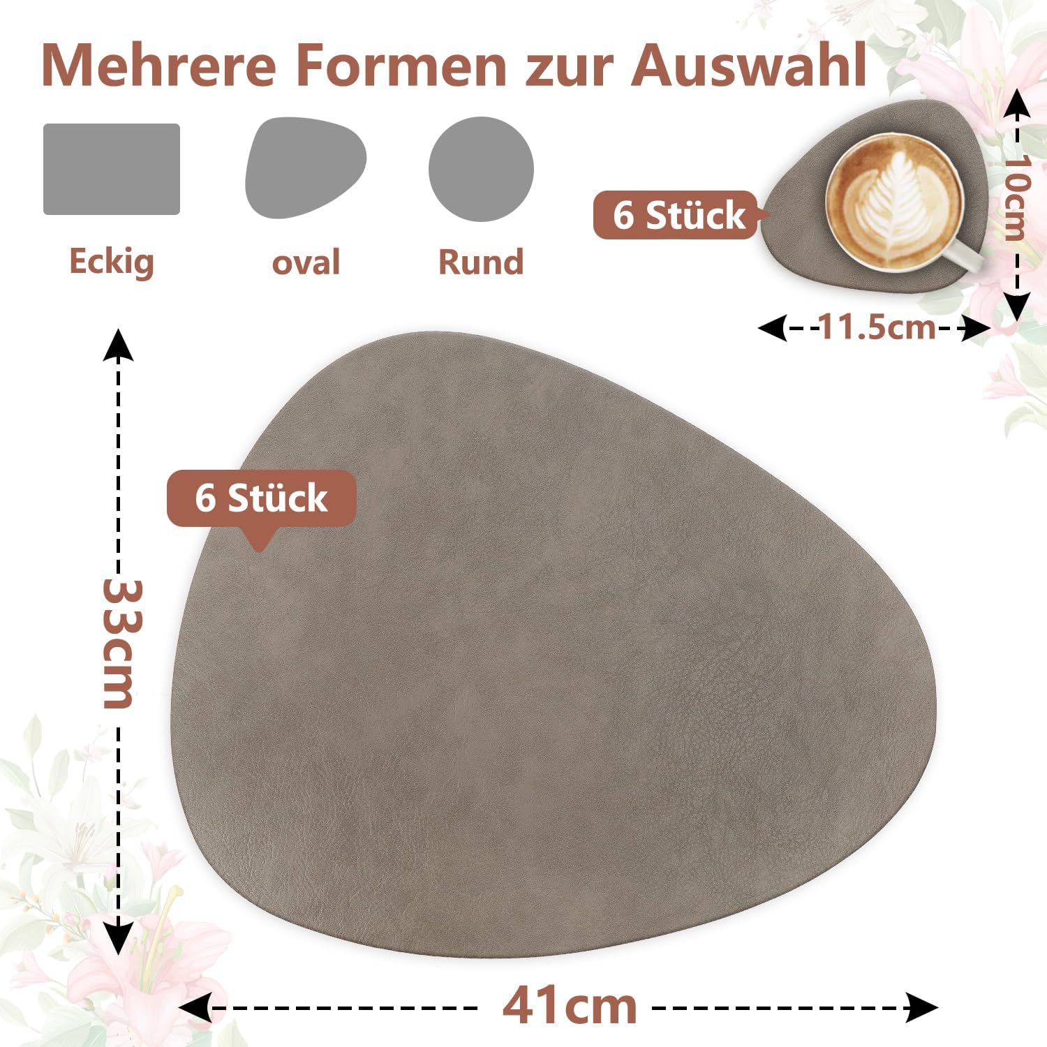 Set de table - ovale 41x33cm - lavable, antidérapant, PU double face, lot de 6, marron clair