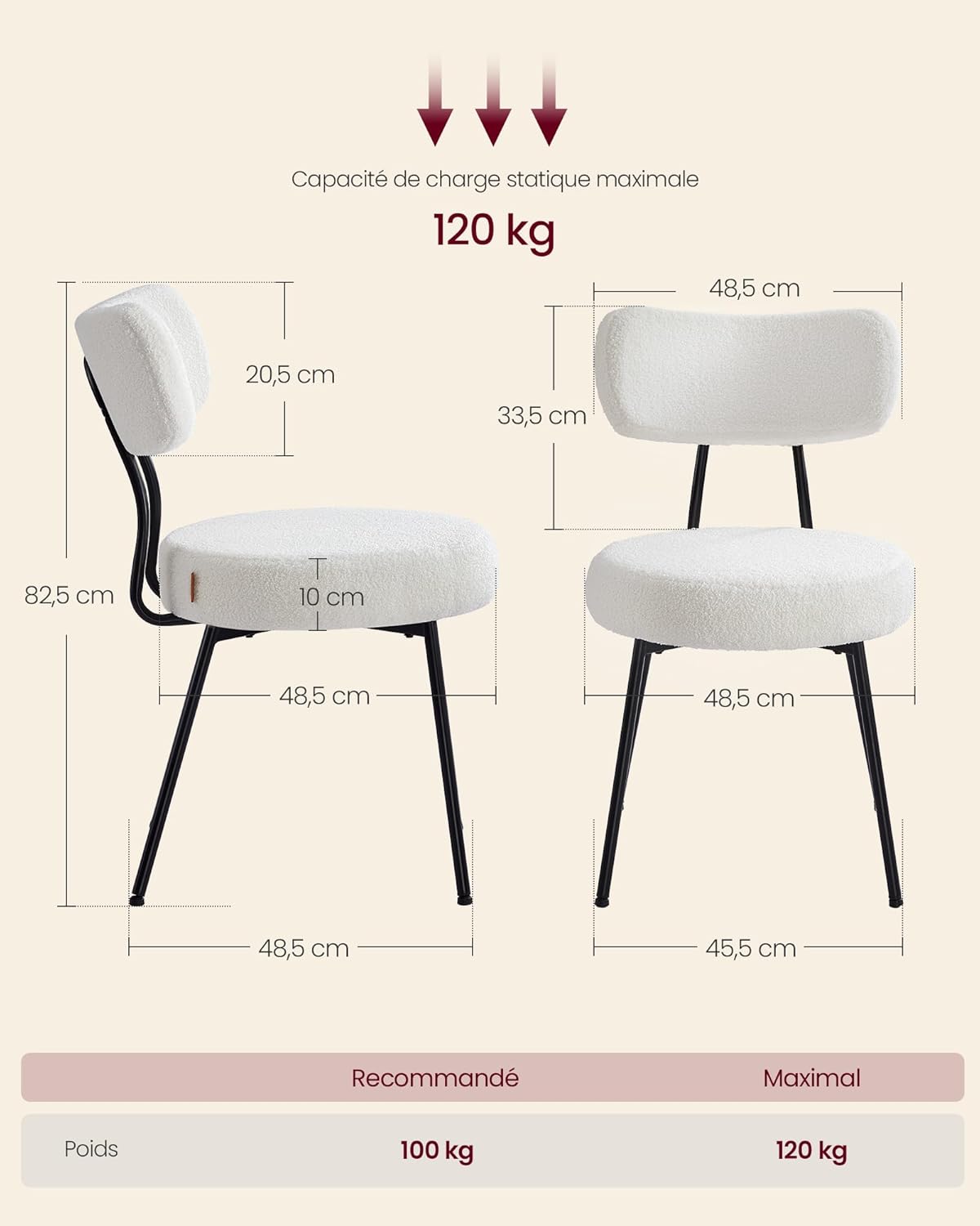 VASAGLE - chaises salle à manger lot de 6, tissu peluche, dossier courbé, cadre acier, blanc crème KDC110W16