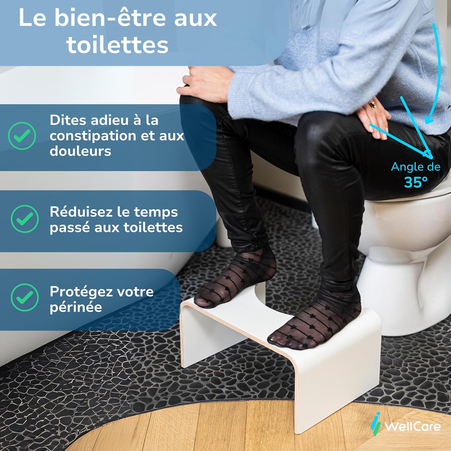Well Care - Tabouret de toilette bois blanc - position squat - Fabriqué France