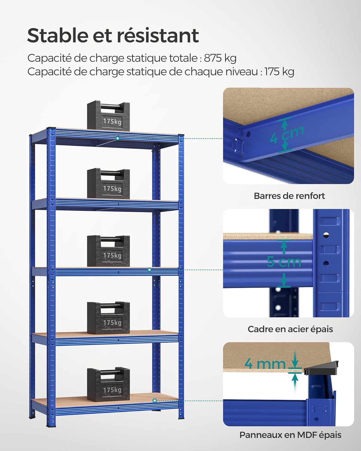 SONGMICS - étagère 5 niveaux - 40x90x180 cm - 875kg, planches réglables, style industriel, GLR040Q02