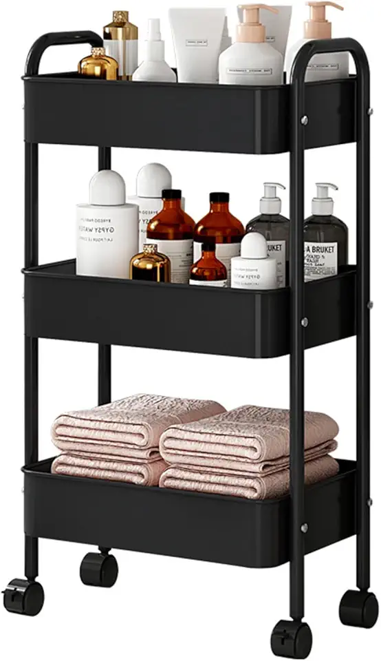 Chariot de rangement - 3 niveaux, métal, crochets, tasses inclus, cuisine/bureau - 60x40x30cm