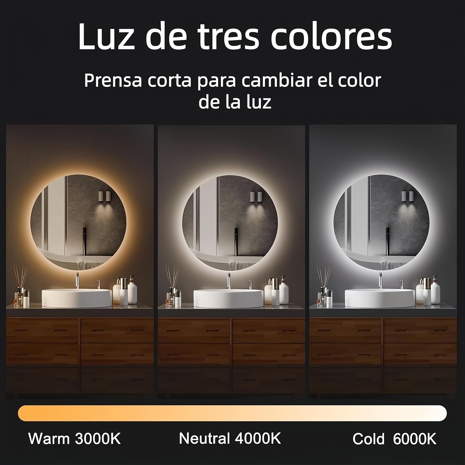 Miroir salle de bain - rond 80 cm - LED, 3 couleurs, tactile, dimmable