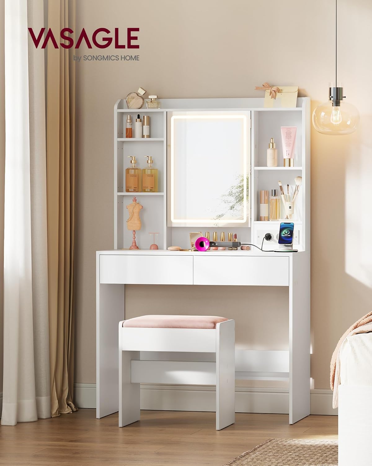 VASAGLE - coiffeuse Kailyn, blanche, miroir LED, 2 tiroirs, RDT143WB01