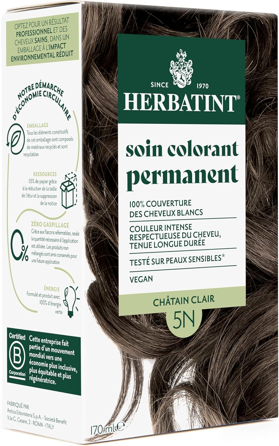 Herbatint - soin colorant 170 ml - sans ammoniaque, couvre 100% des cheveux blancs, testé dermatologiquement 5N