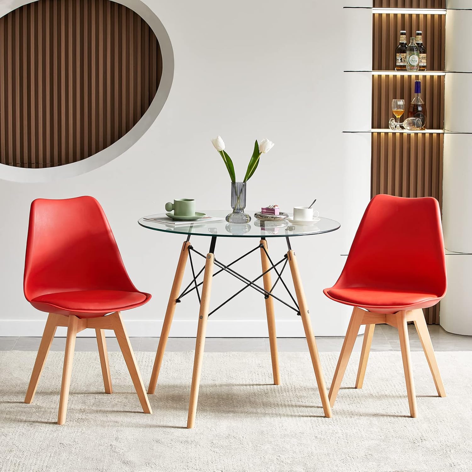 EGGREE - chaises scandinaves lot de 8 - bois hêtre, rouge, rembourrées