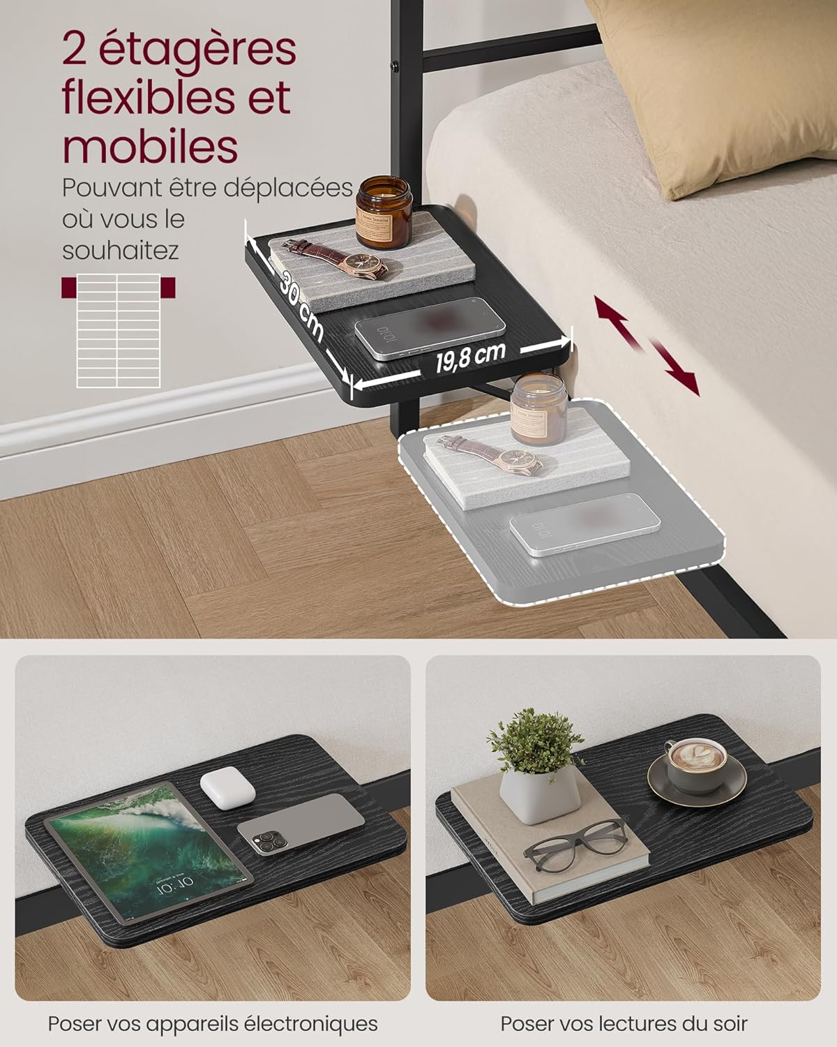 VASAGLE - RMB193BD01 - 140x190 cm - lit métal et étagères, tête de lit