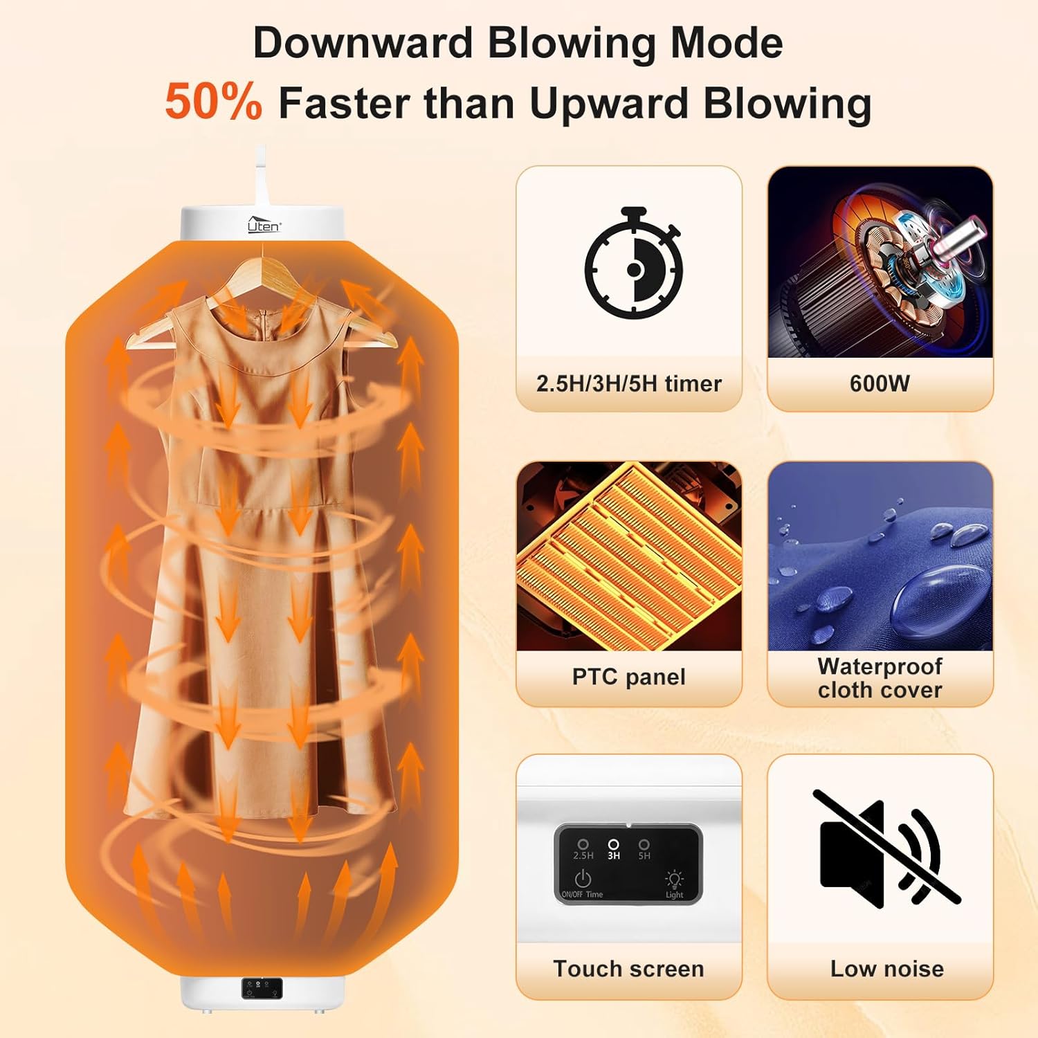 Uten - Mini Séchoir 600 W - Compact - Séchage rapide, minuterie, arrêt auto