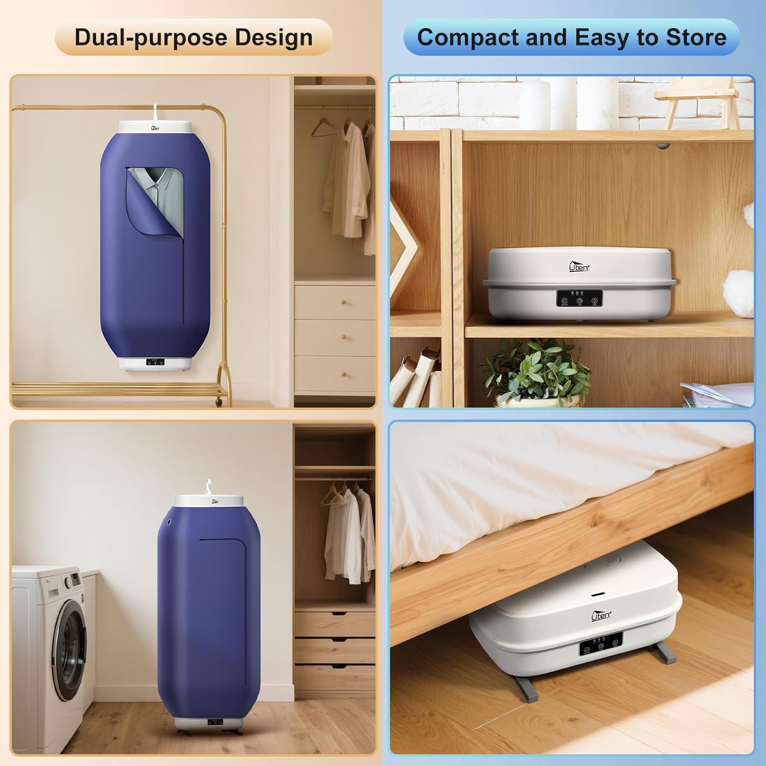 Uten - sèche-linge portable - compact 600W - minuterie amovible, à suspendre ou poser