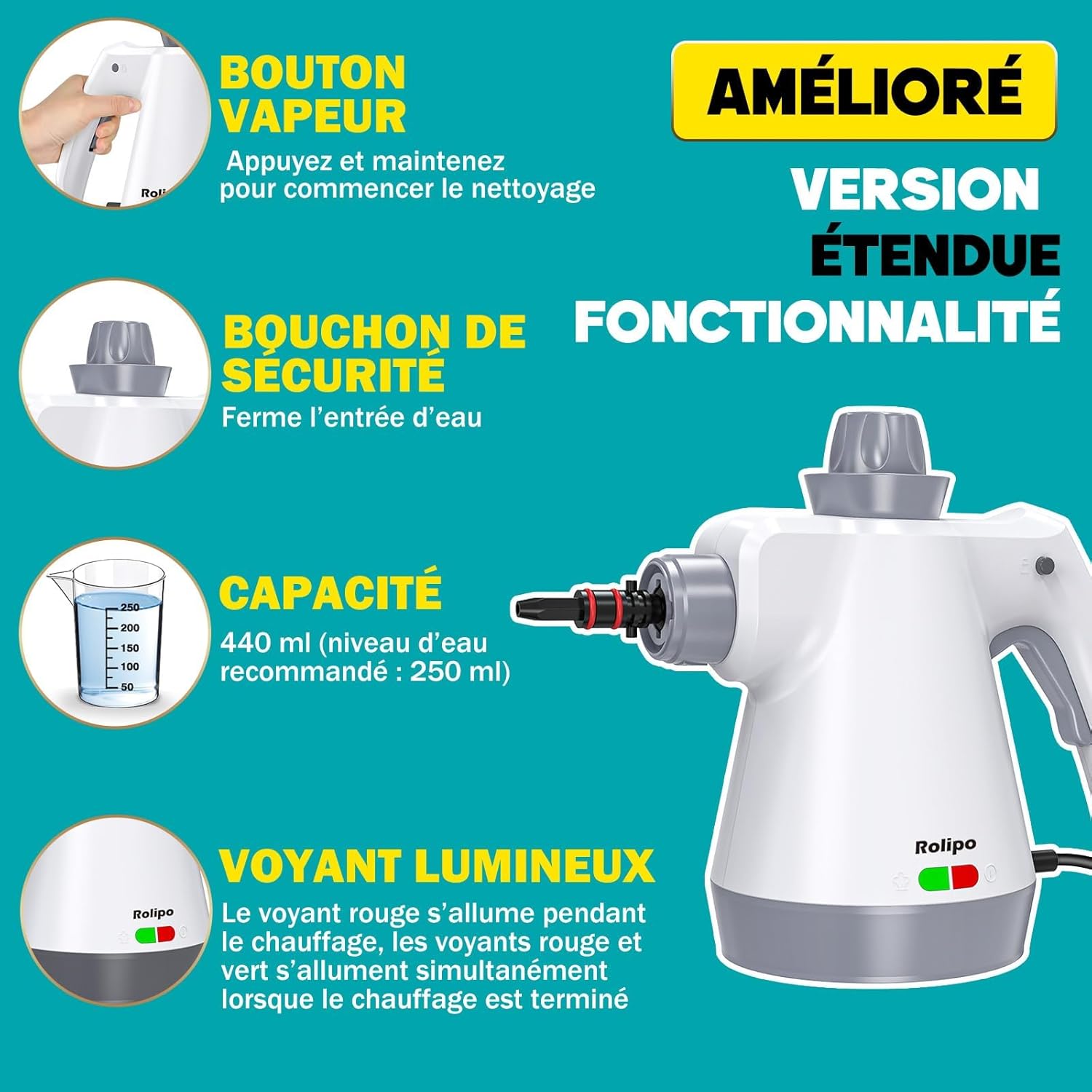Nettoyeur Vapeur Portatif - 1050W - compact - nettoyage haute température, désinfection sans chimie