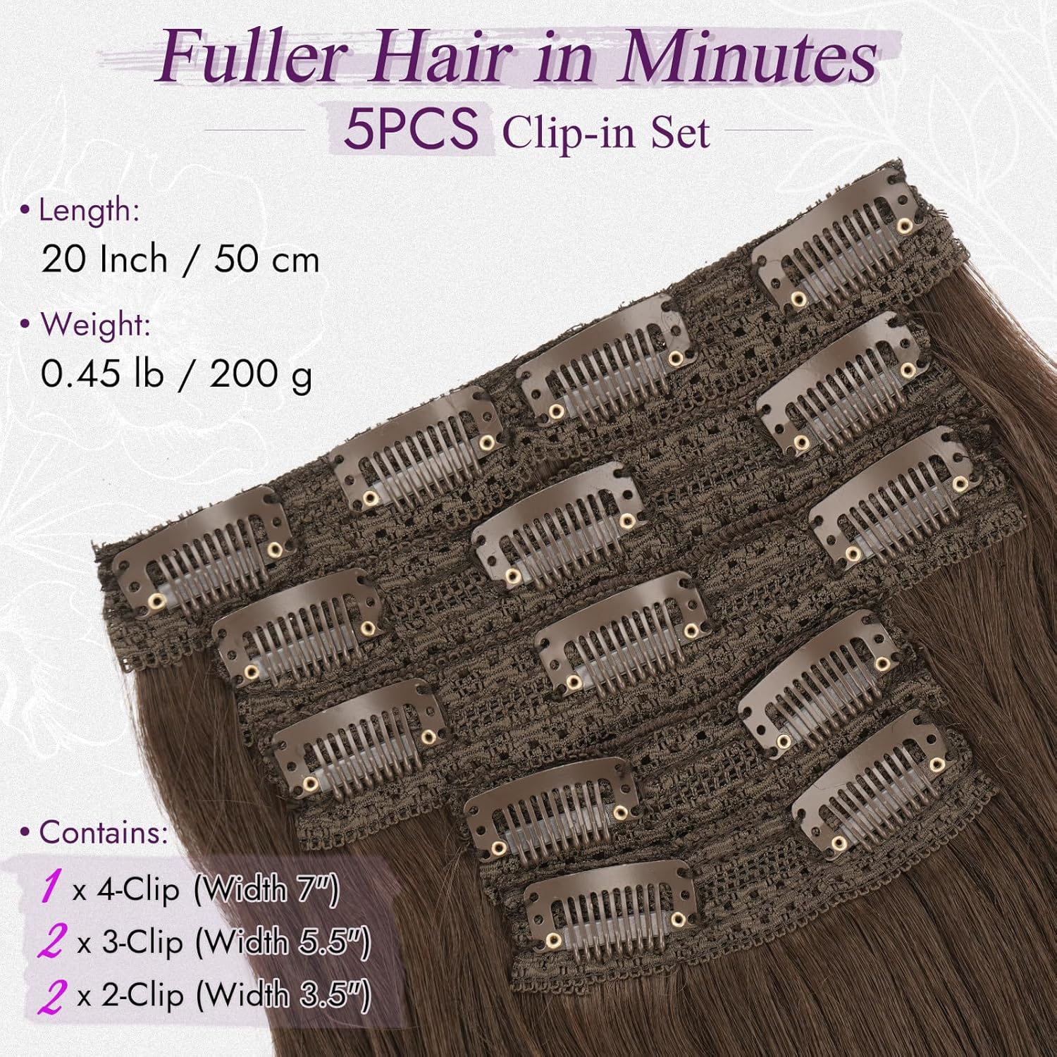 BARSDAR - Châtaigne Extension à Clip - 50cm - Ondulées, 5PCS, synthétique