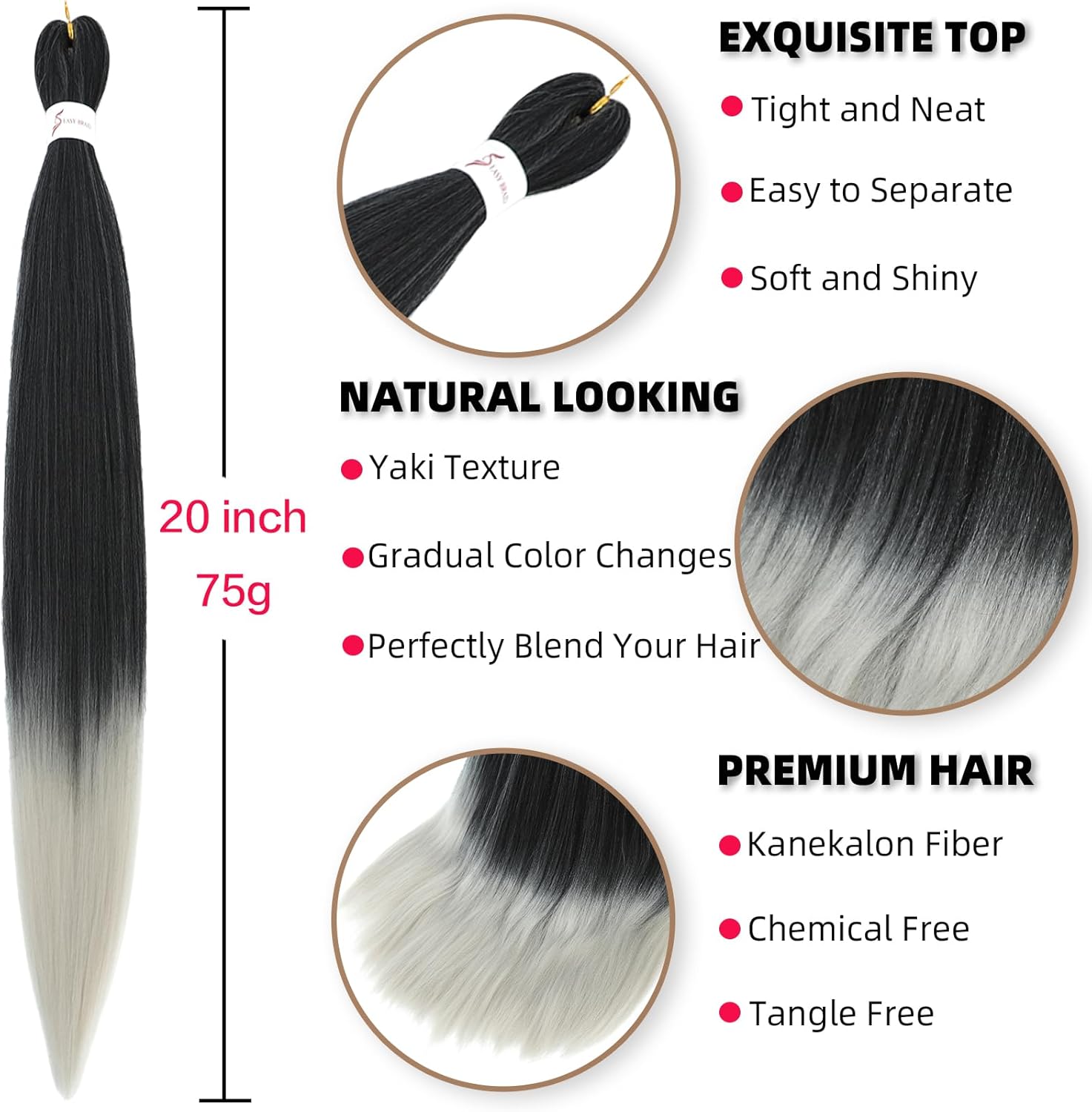 Rajout cheveux tressés - 20 pouces - ombre noir argent, lot de 6, T1B/Silver#