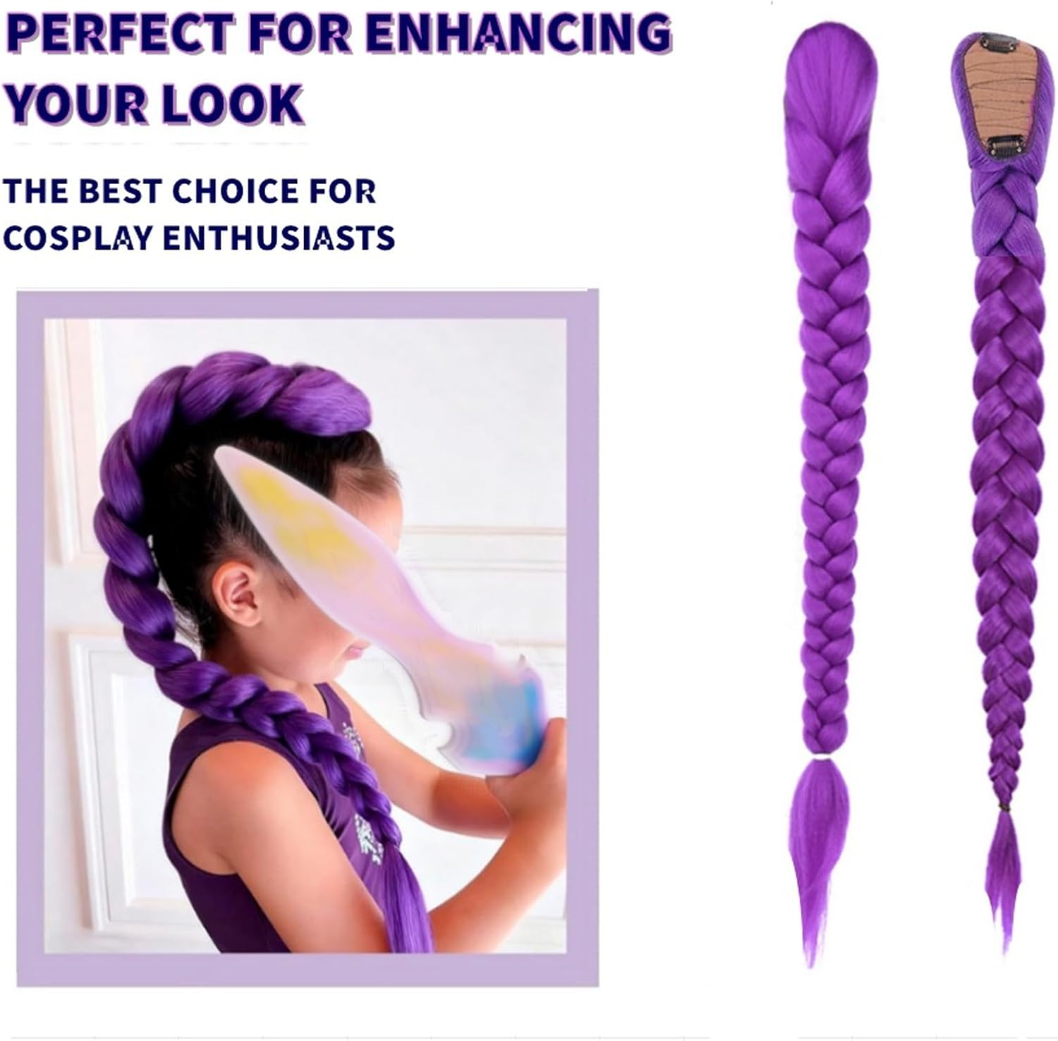 Perruque tressée violette - 66 cm - avec clip, adaptée cosplay et déguisement