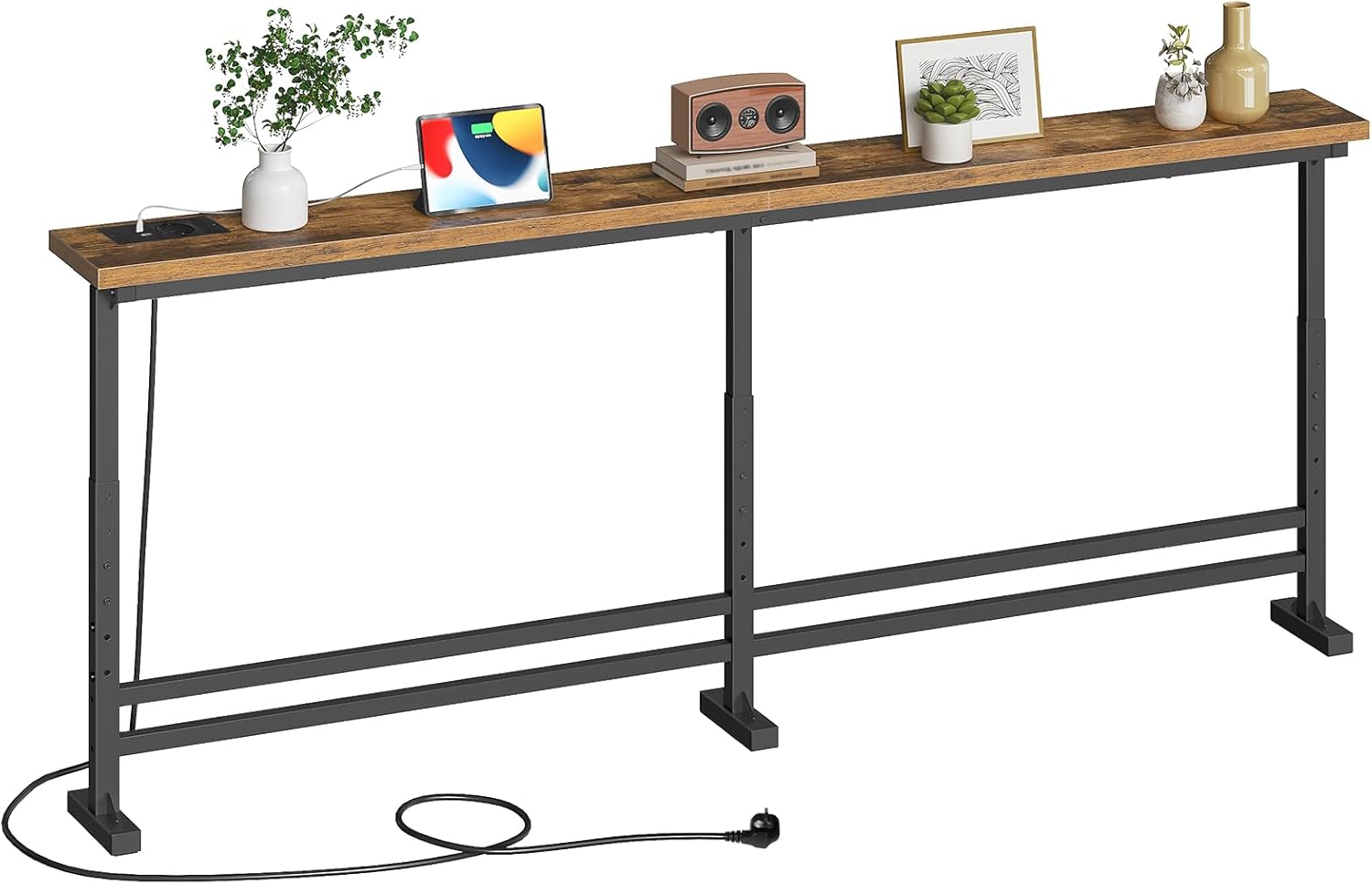 Table console longue - style rustique, 180cm, avec multiprise, prise USB/USB-C, XCT08CBR