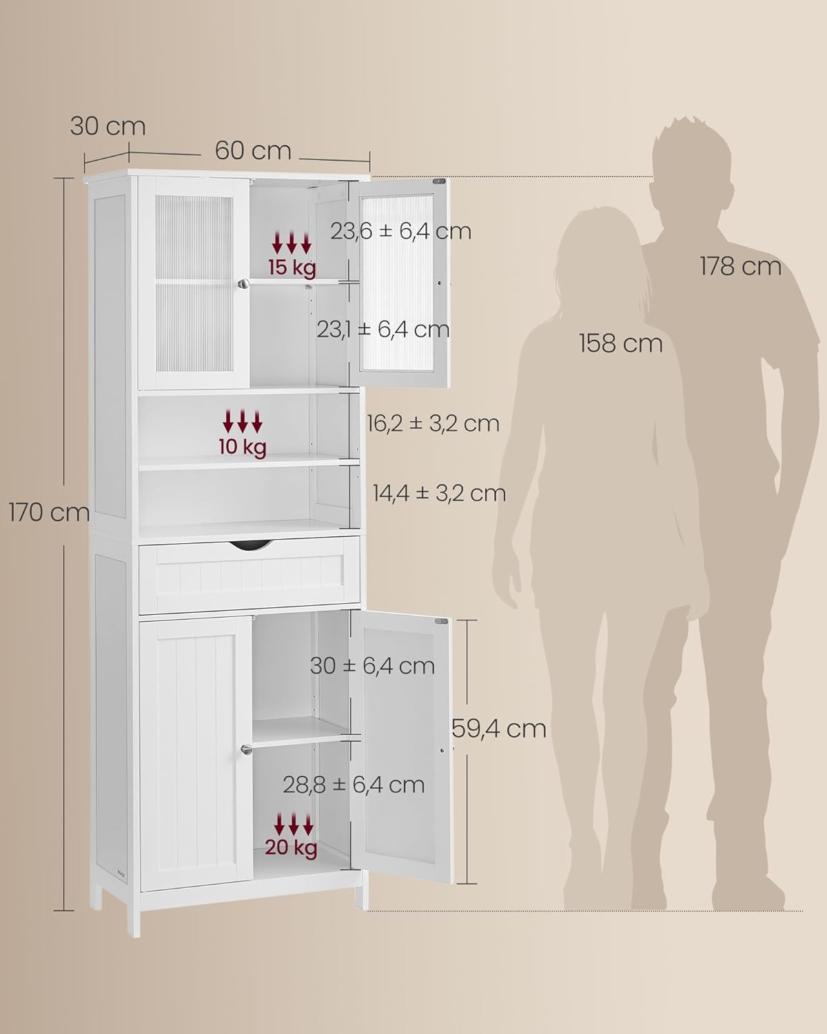 VASAGLE - armoire de rangement salle de bain, étagères réglables, tiroir, blanc, BBC768W01