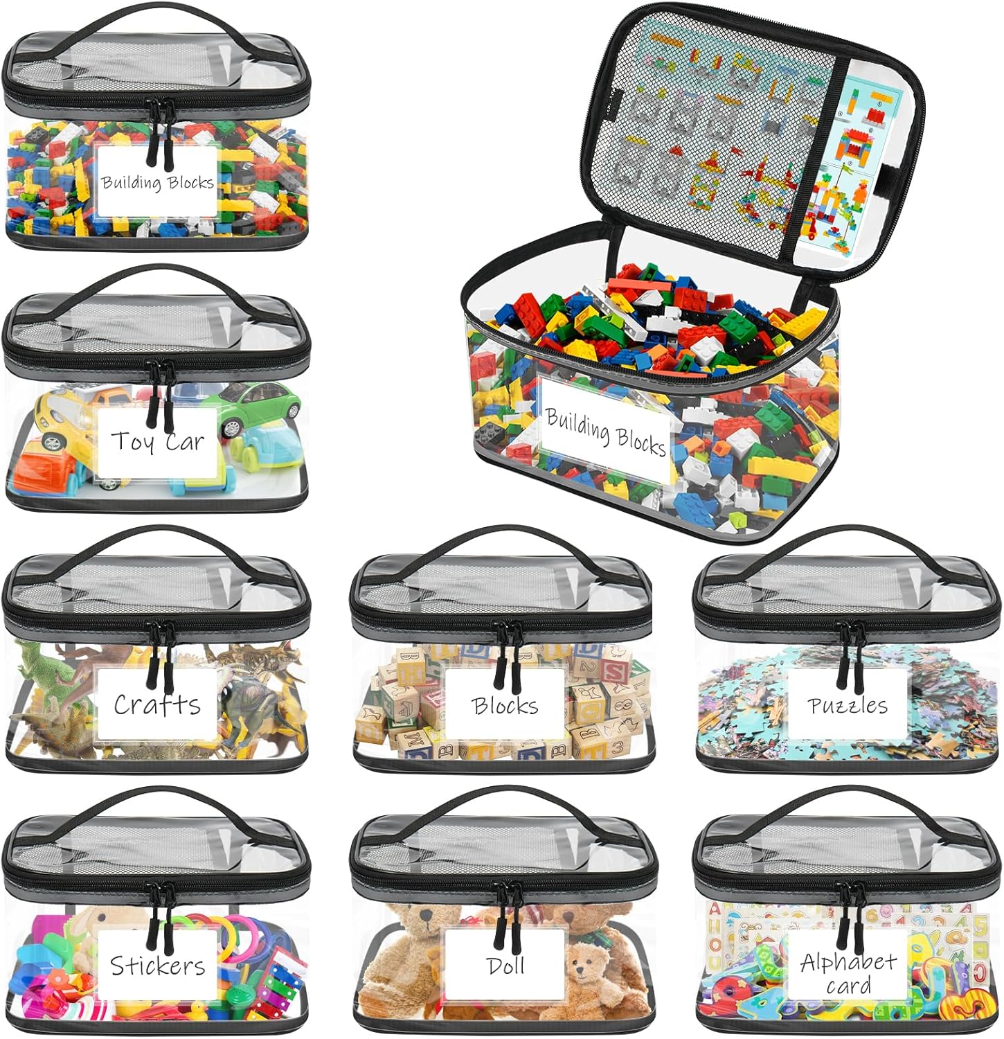 Pochette de rangement jouet enfant - PVC, fermeture éclair, lot de 8, idéal puzzles et bain