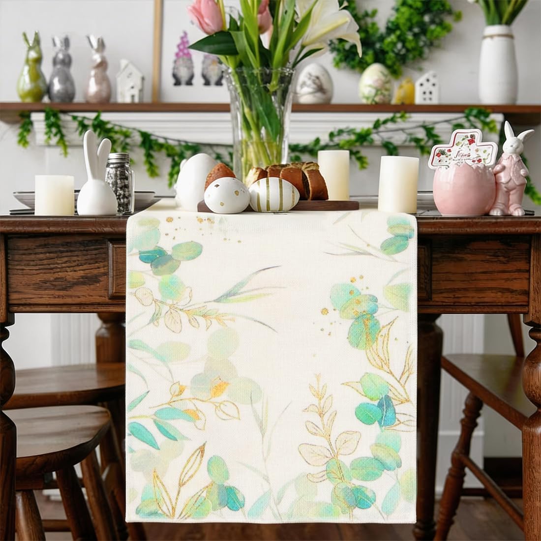 Chemin de table - imprimé feuilles vertes - 33x180 cm - lavable, déco cuisine et salon