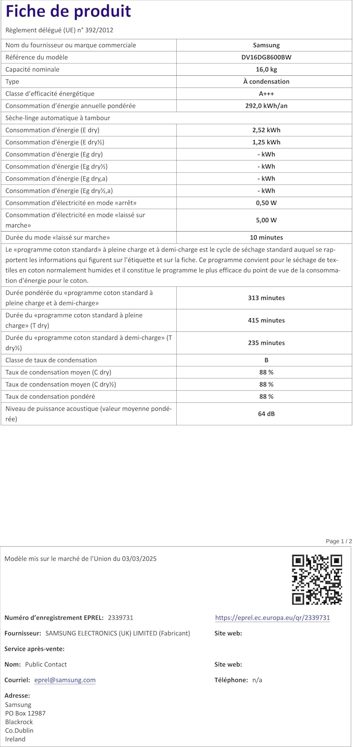 Samsung - Sèche-linge série DV, 16kg, pompe à chaleur, WiFi, 68.6x98.4x84.4cm - DV16DG8600BW/U3