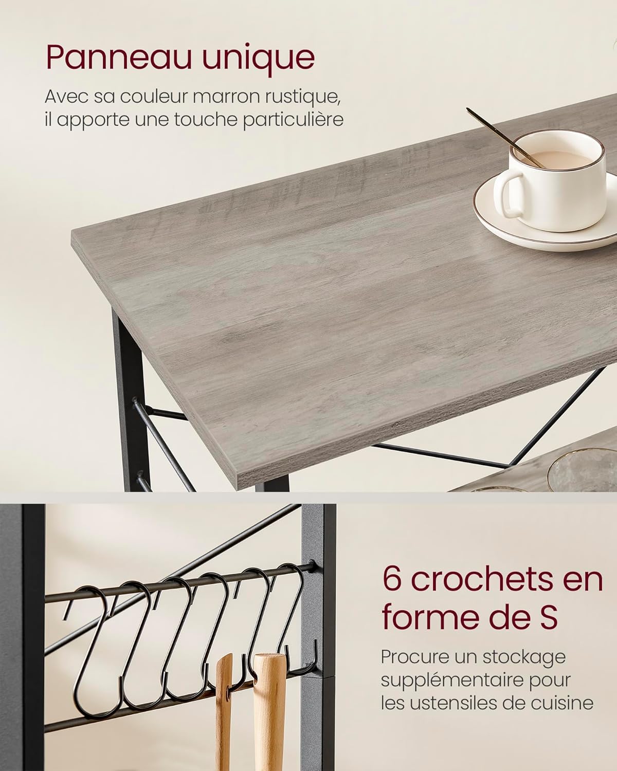 VASAGLE - étagère cuisine à 3 niveaux, roulettes, 80x40x89 cm, 6 crochets KKS067K02