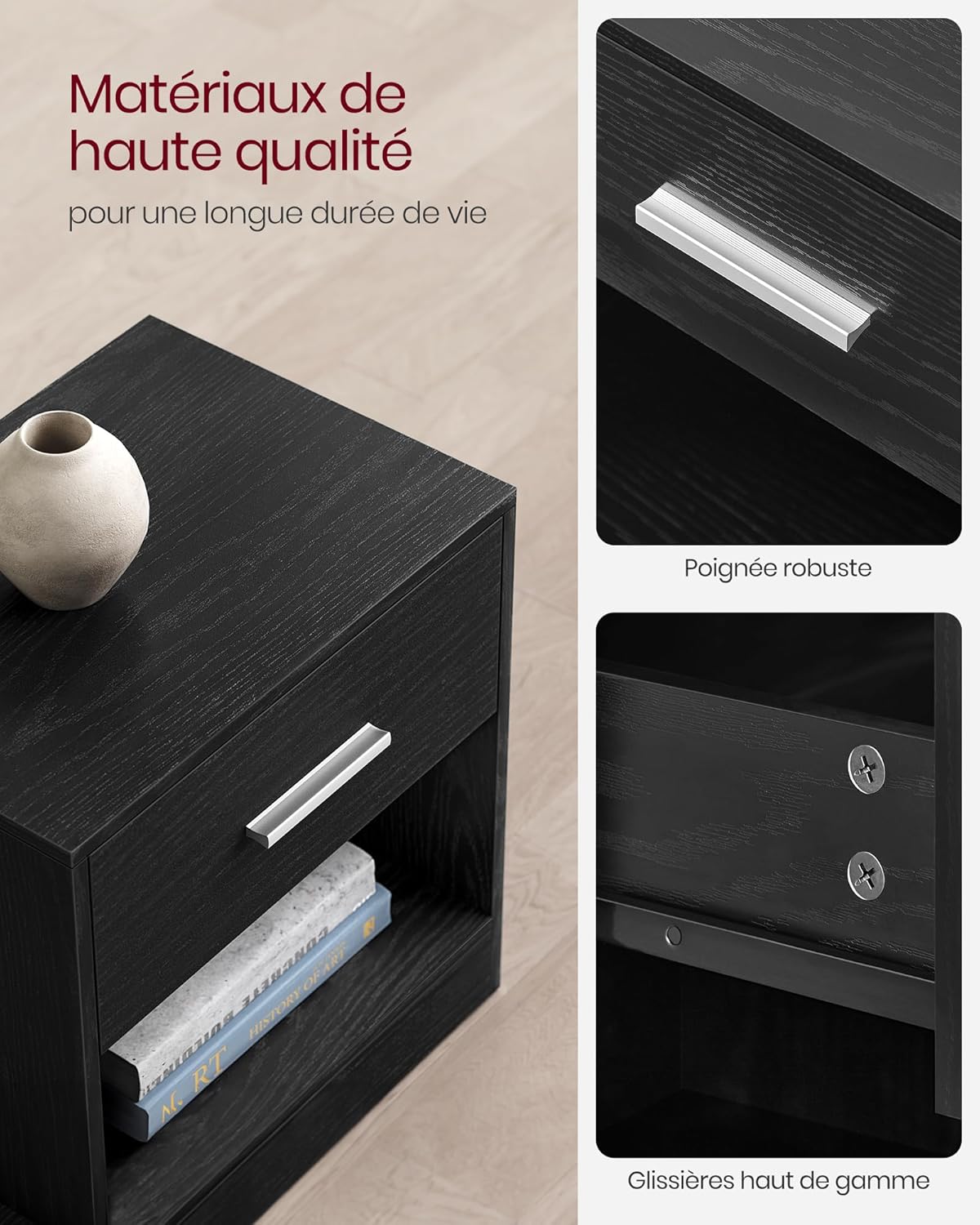 VASAGLE - Table de nuit LET619T56 -  dimensions compactes - tiroir, poignée, compartiment ouvert, noir classique