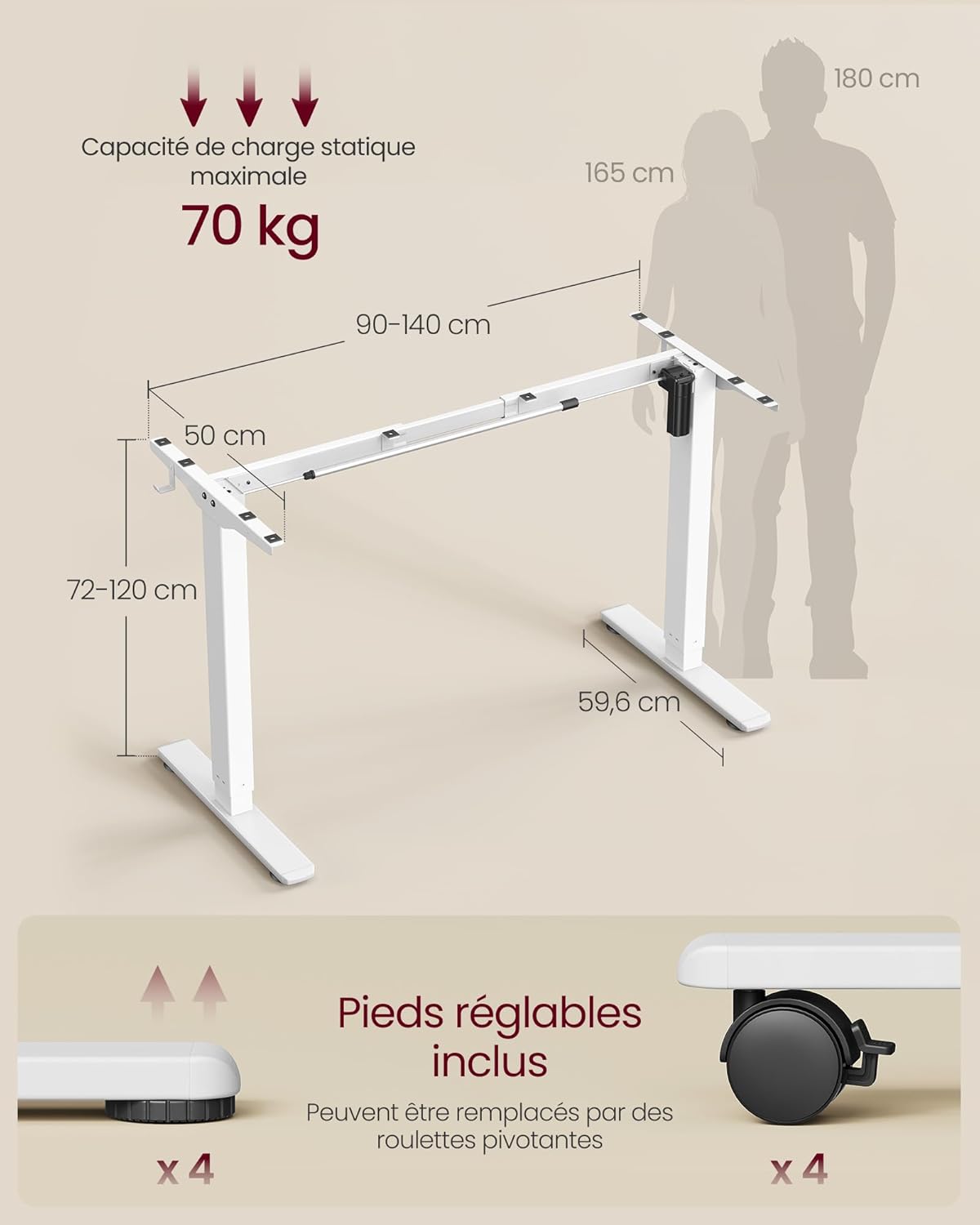 VASAGLE - bureau assis-debout, acier blanc, 3 hauteurs, 2 crochets, LSD021W01V2