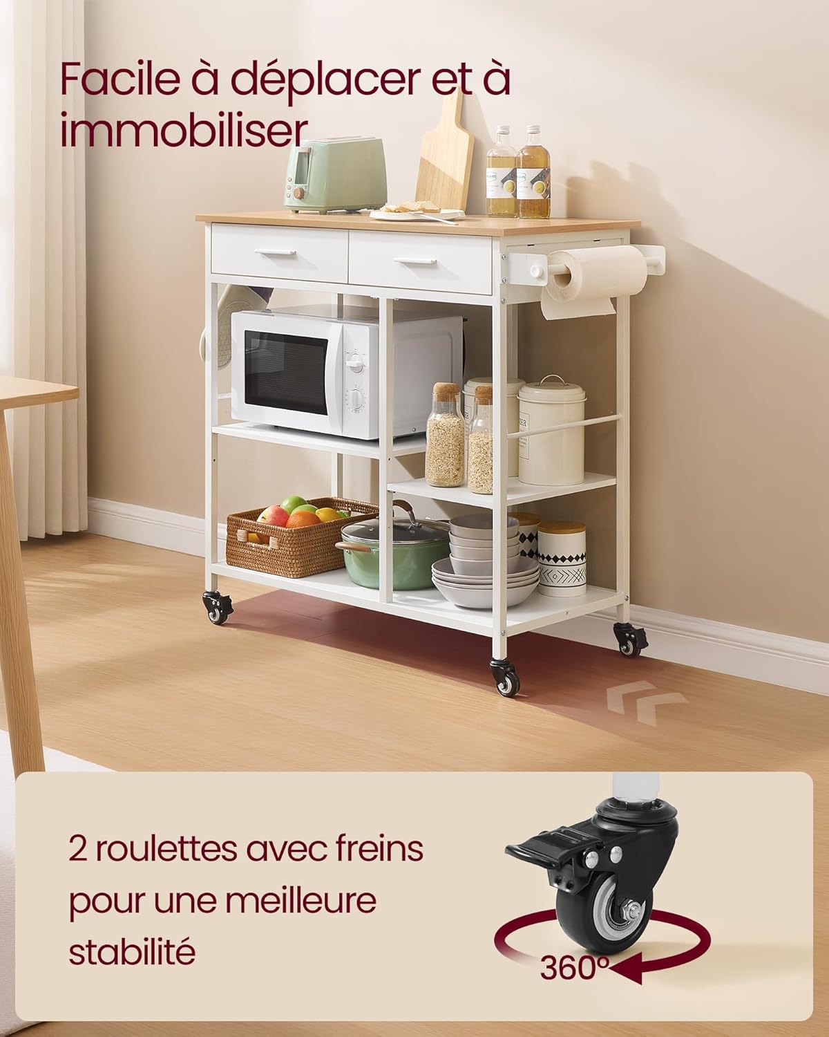 VASAGLE - Îlot cuisine mobile, 98,7x45x90cm, tiroirs, crochets, KKI010Y01